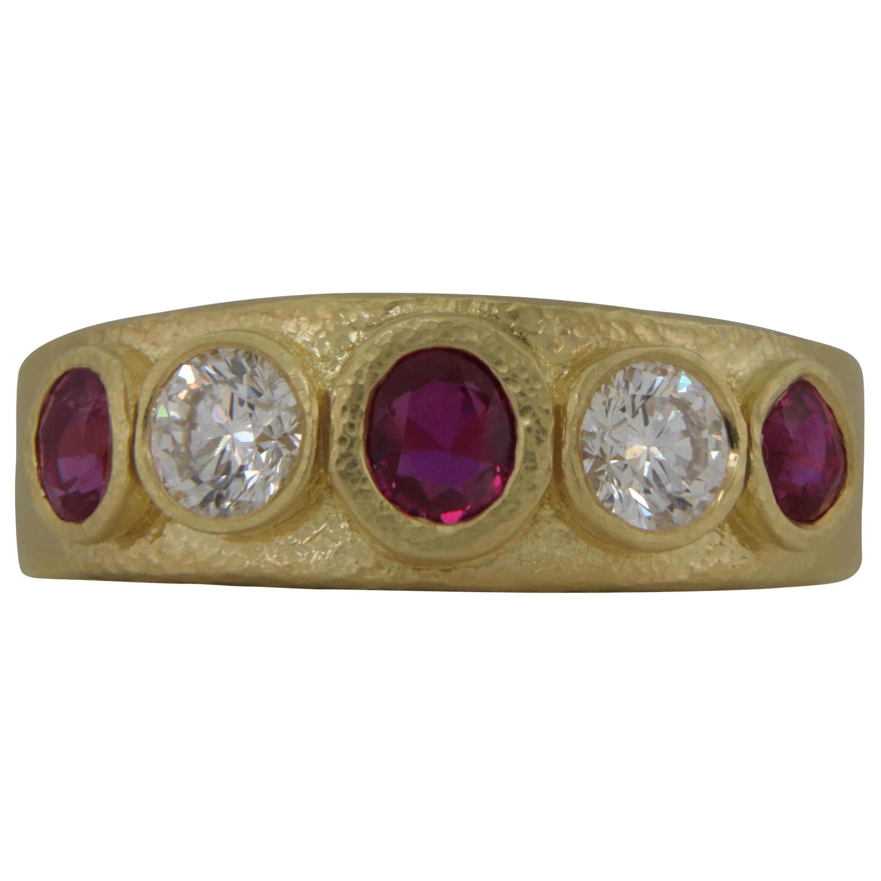 1.82 Carat Hing Yellow Gold Ruby and Diamond Hand Hammered Band/Ring For Sale