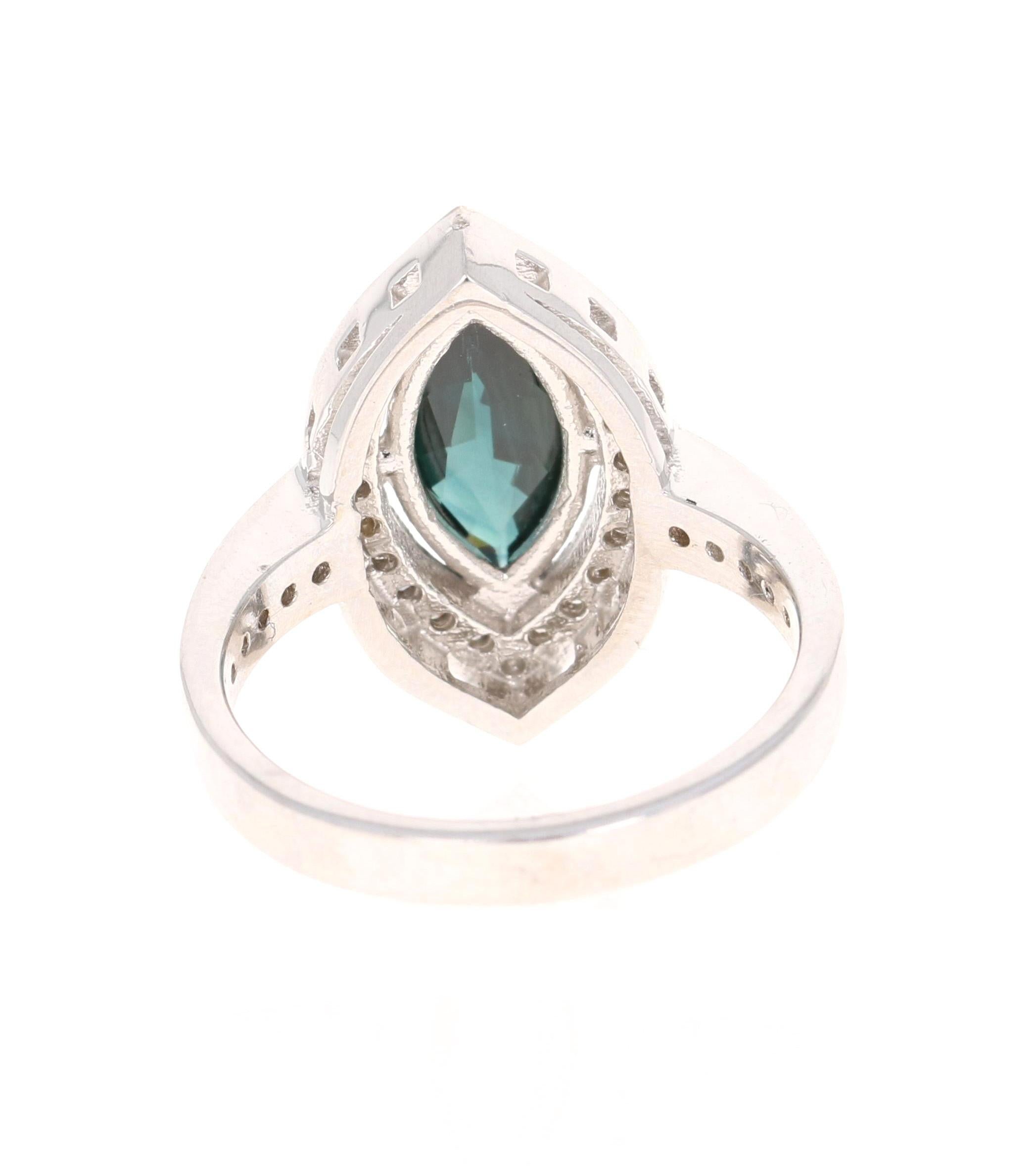 Marquise Cut 1.82 Carat Marquise Blue Sapphire Diamond 14 Karat White Gold Ring For Sale