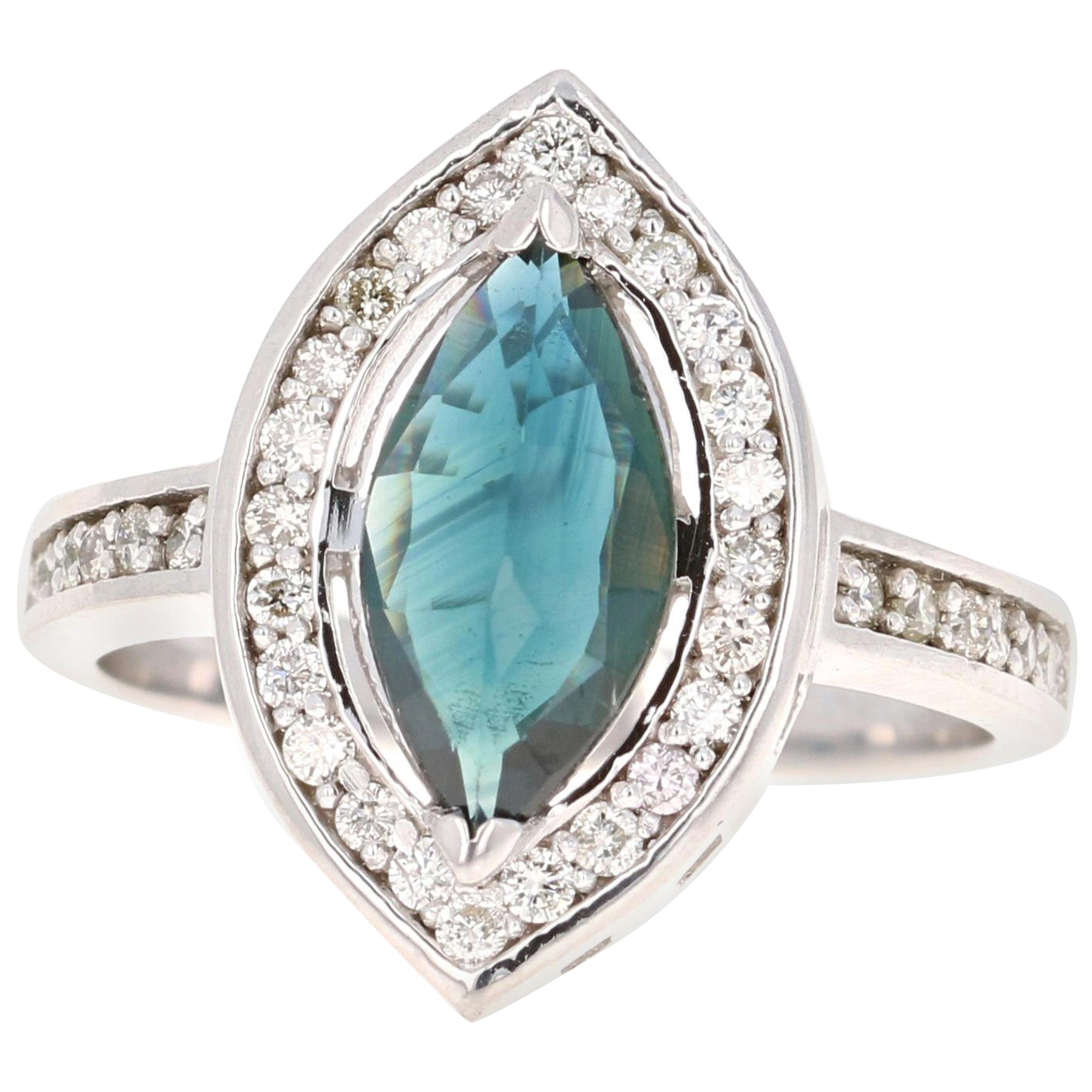 1.82 Carat Marquise Blue Sapphire Diamond 14 Karat White Gold Ring For Sale