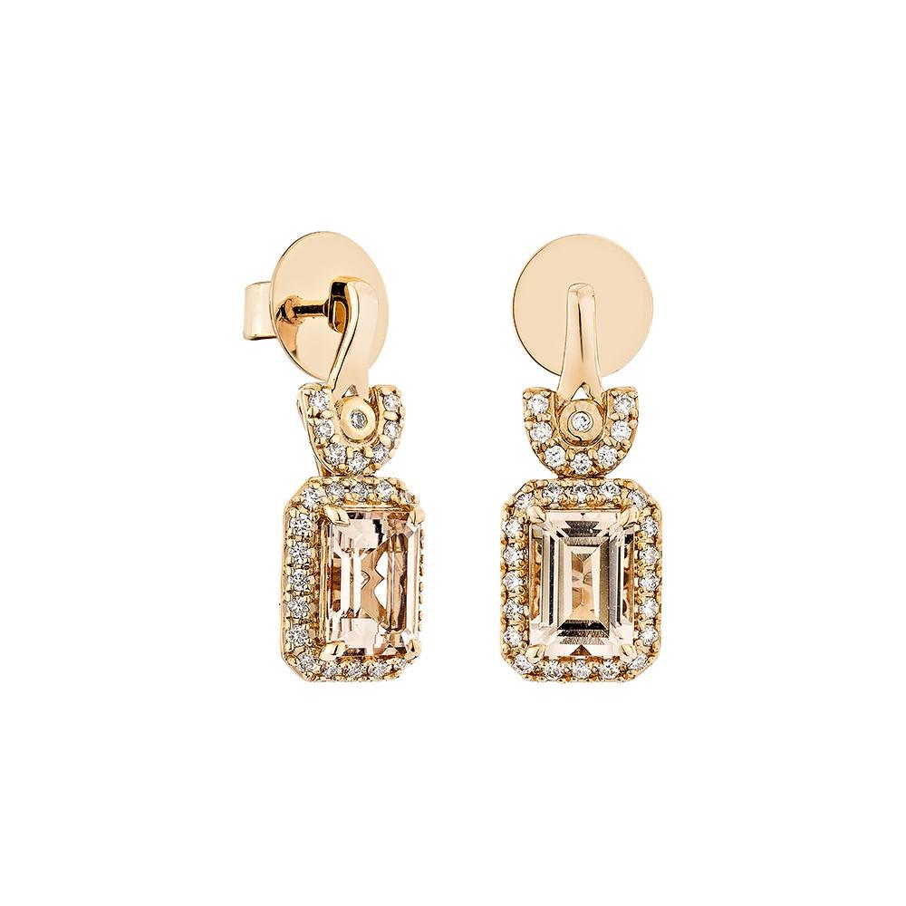 This collection includes a range of Morganite, which is a symbol of love and relationships, making it an excellent choice for a variety of applications. Accented with White Diamonds these Earrings are made in Rose Gold and present a classic yet