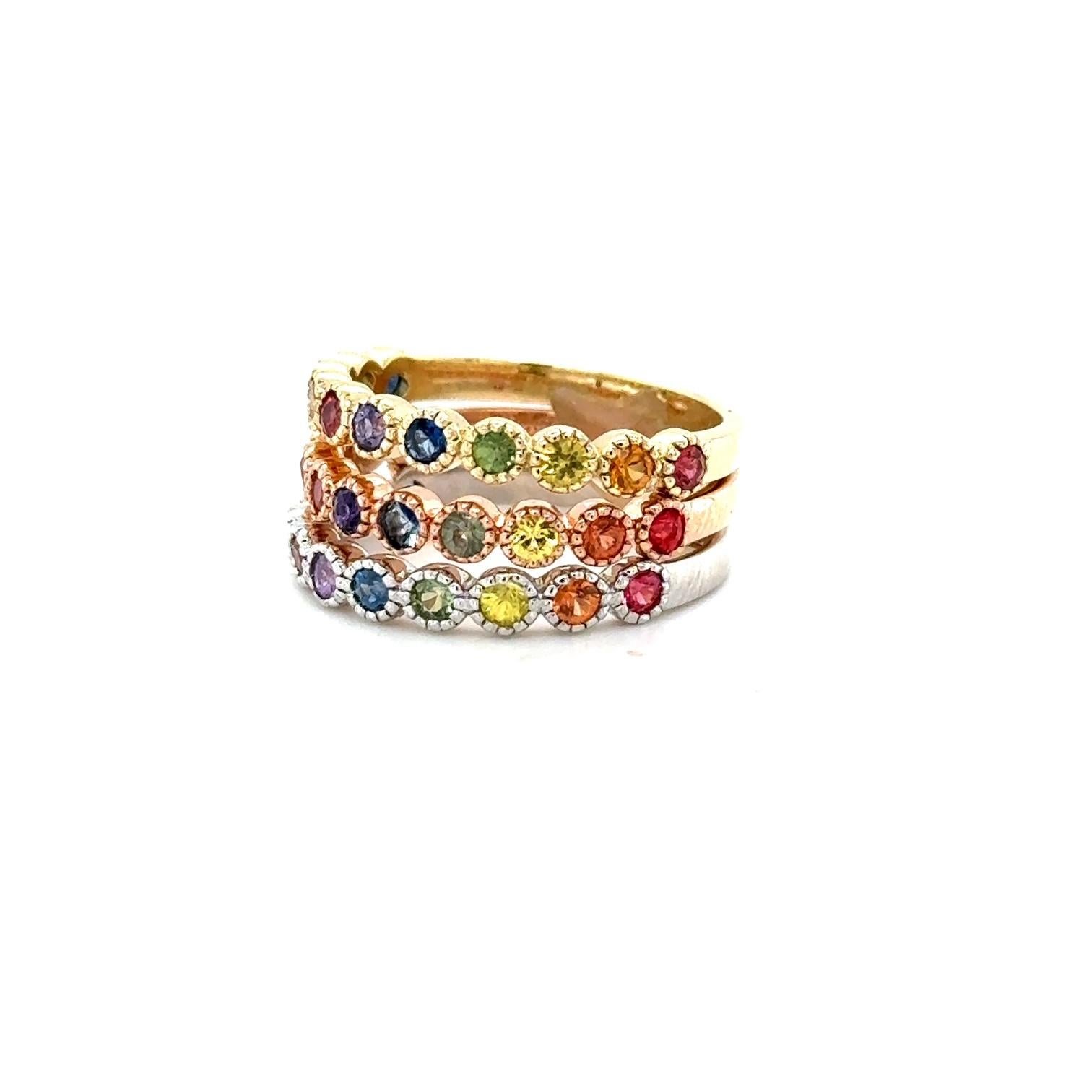 Modern 1.82 Carat Multi-Color Sapphire Stackable Gold Band Set For Sale