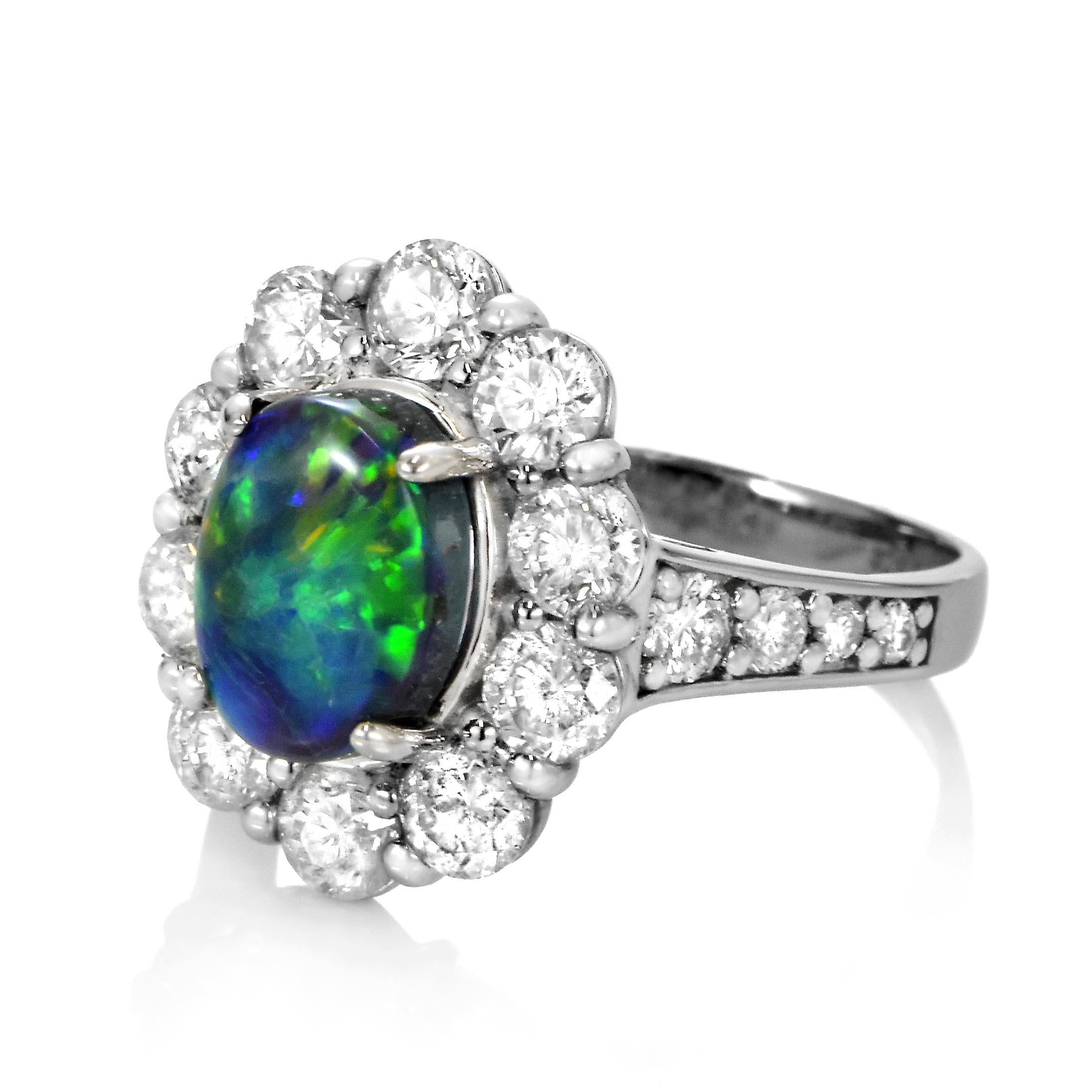 Modern 1.82 Carat Natural Australian Lightning Ridge Black Opal Ring Made in Platinum For Sale
