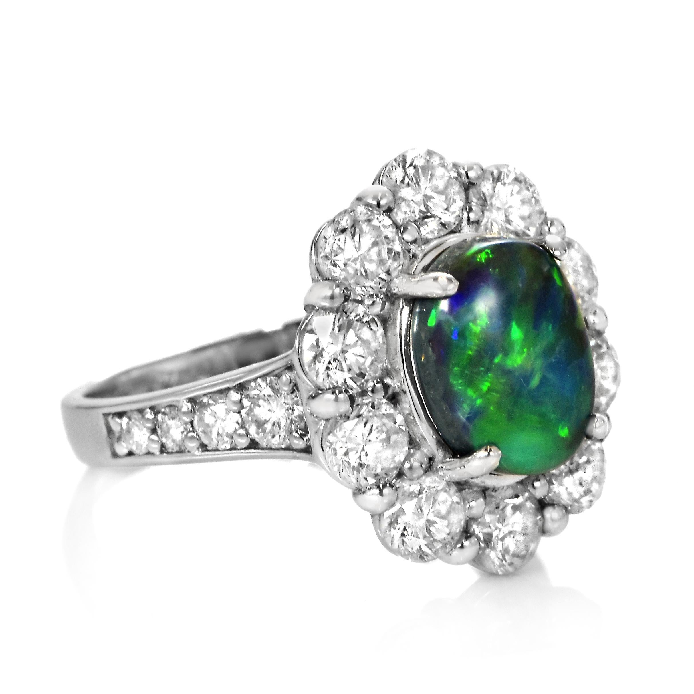 Cabochon 1.82 Carat Natural Australian Lightning Ridge Black Opal Ring Made in Platinum For Sale