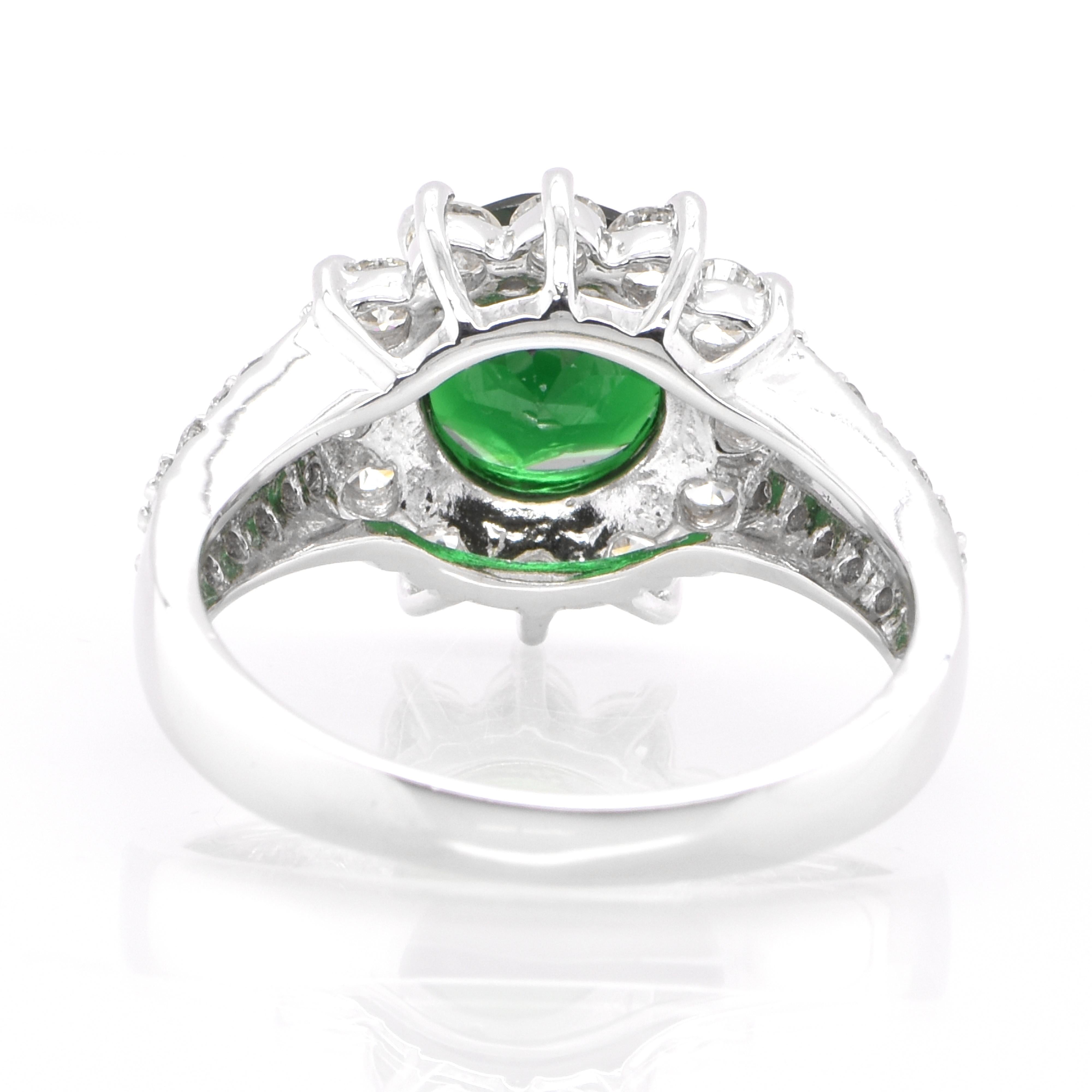 Women's 1.82 Carat Natural Tsavorite Garnet and Diamond Halo Ring Set in Platinum For Sale