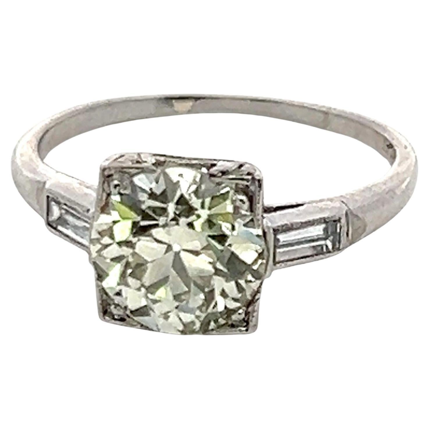 1.82 Carat Old European Cut and Baguette Diamond Platinum Vintage Ring