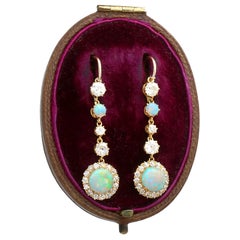 Antique 1.82 Carat Opal and 1.82 Carat Diamond Yellow Gold Drop Earrings Circa 1900
