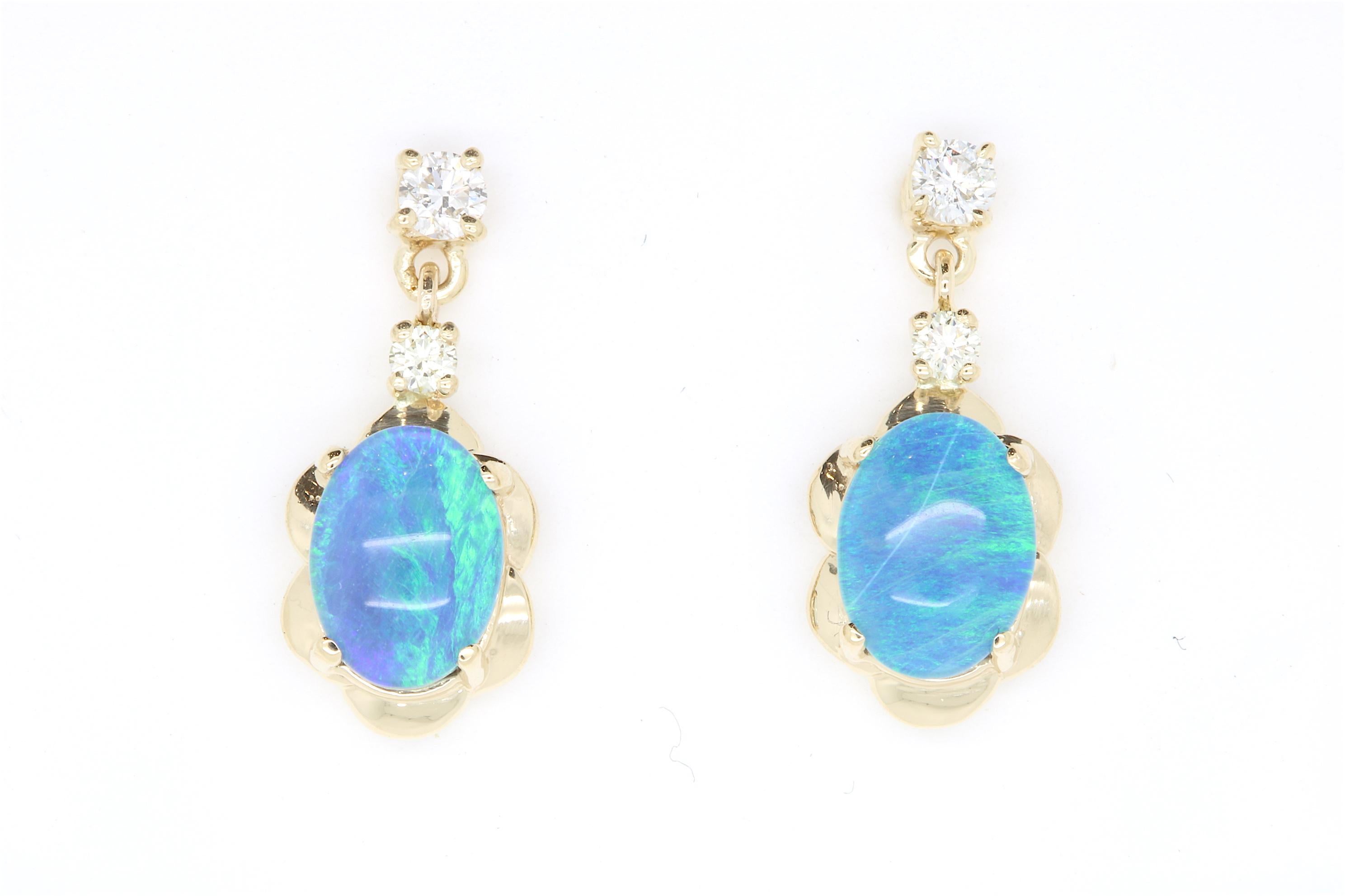 Contemporary 1.82 Carat Oval Opal and Diamond Drop Flower Earrings