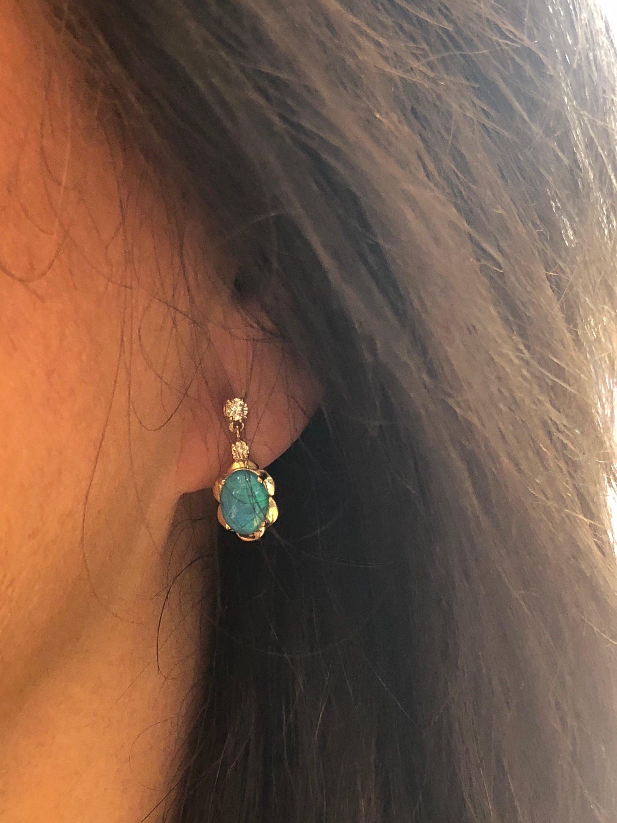 Oval Cut 1.82 Carat Oval Opal and Diamond Drop Flower Earrings