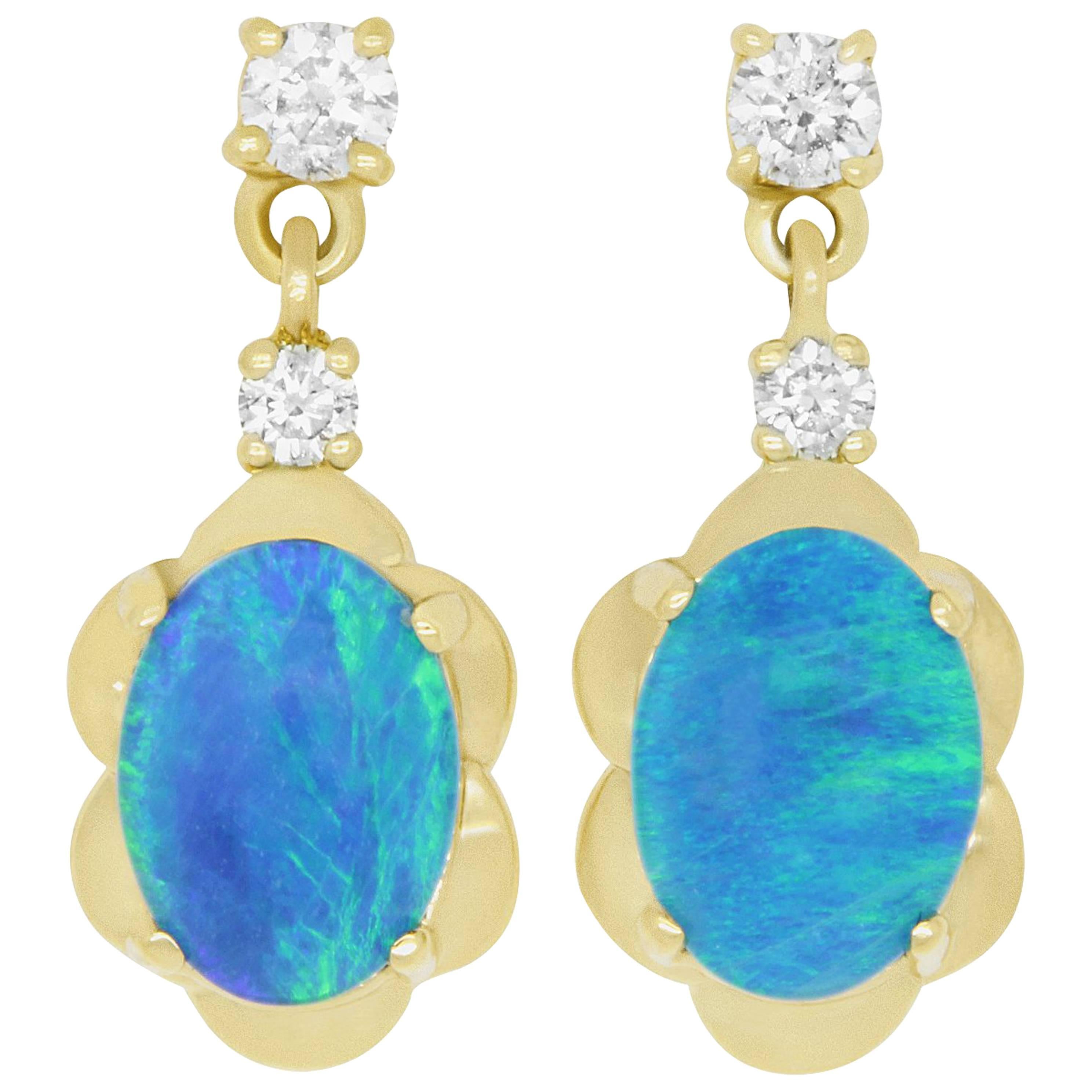 1.82 Carat Oval Opal and Diamond Drop Flower Earrings