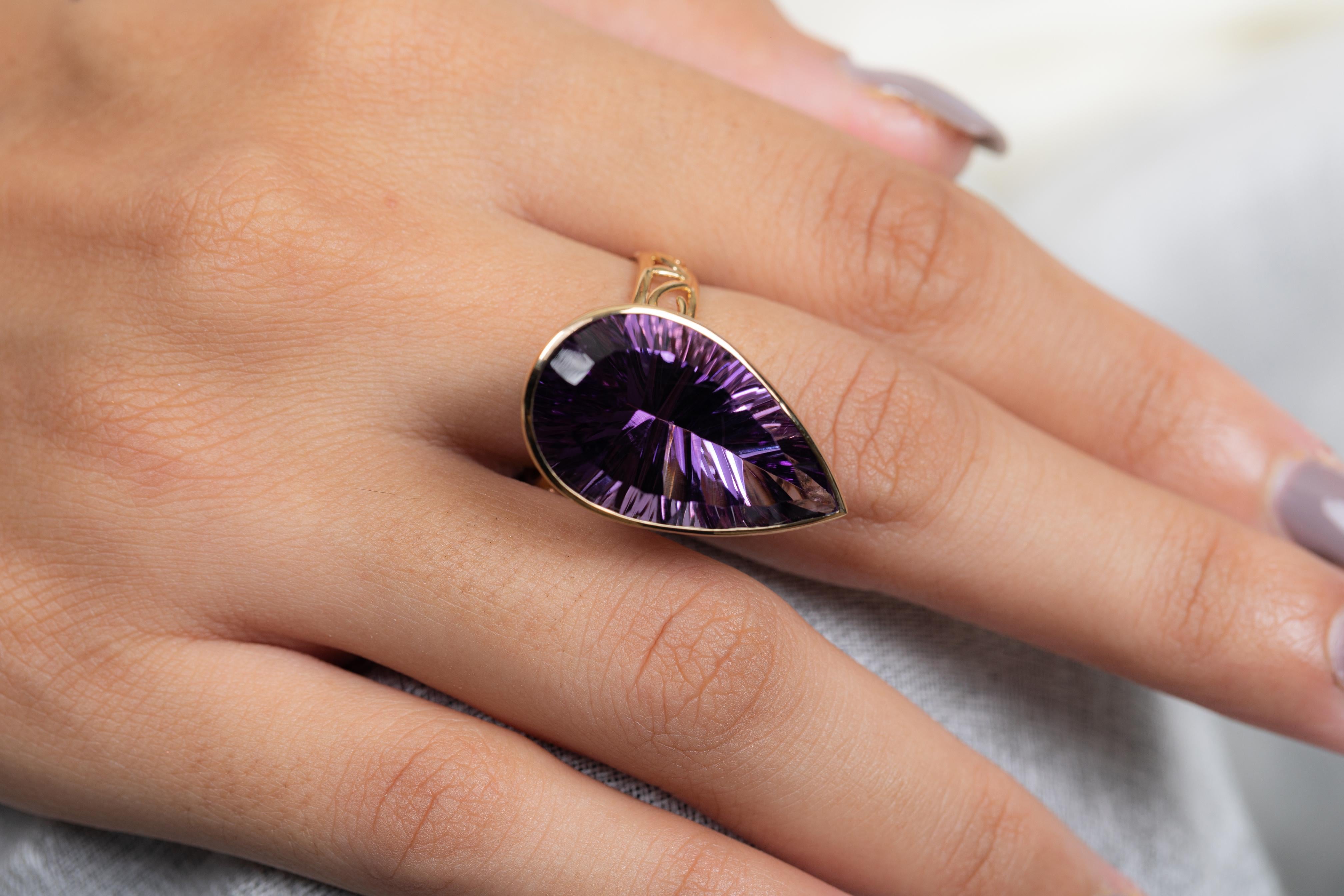 For Sale:  18.2 Carat Pear Cut Amethyst Cocktail Ring in 14K Yellow Gold 2