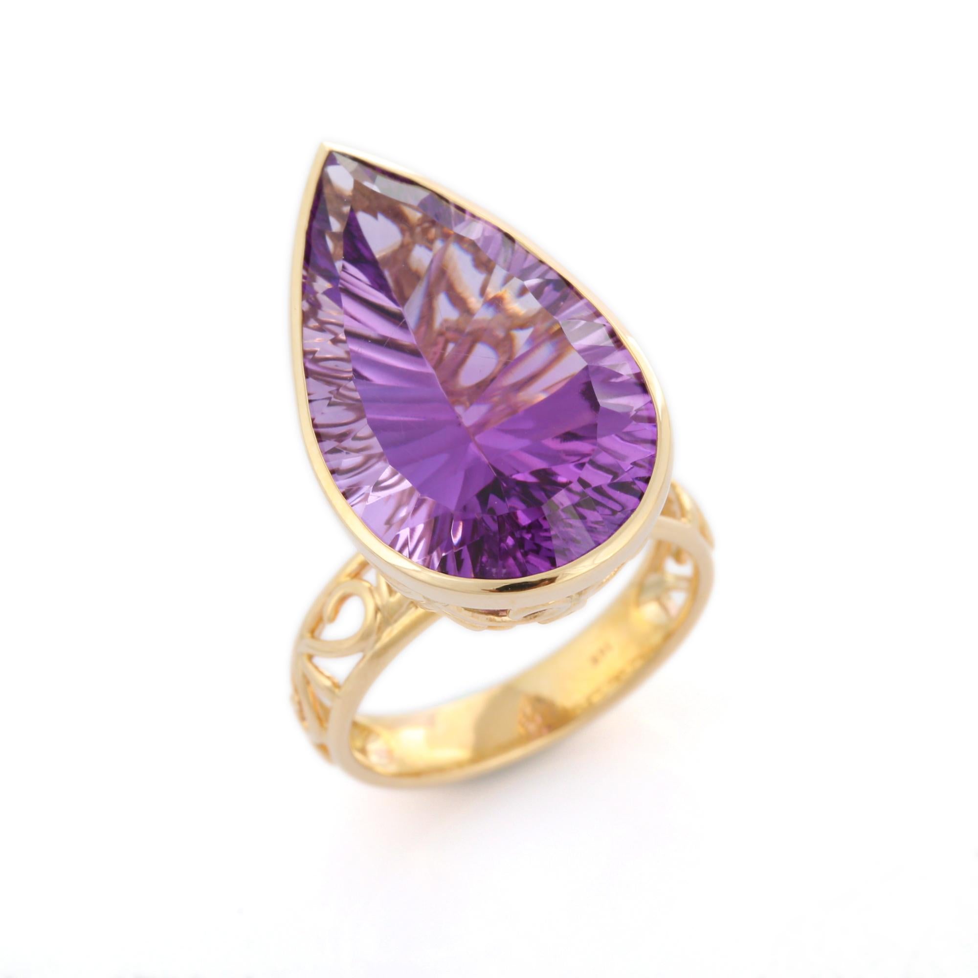 For Sale:  18.2 Carat Pear Cut Amethyst Cocktail Ring in 14K Yellow Gold 7