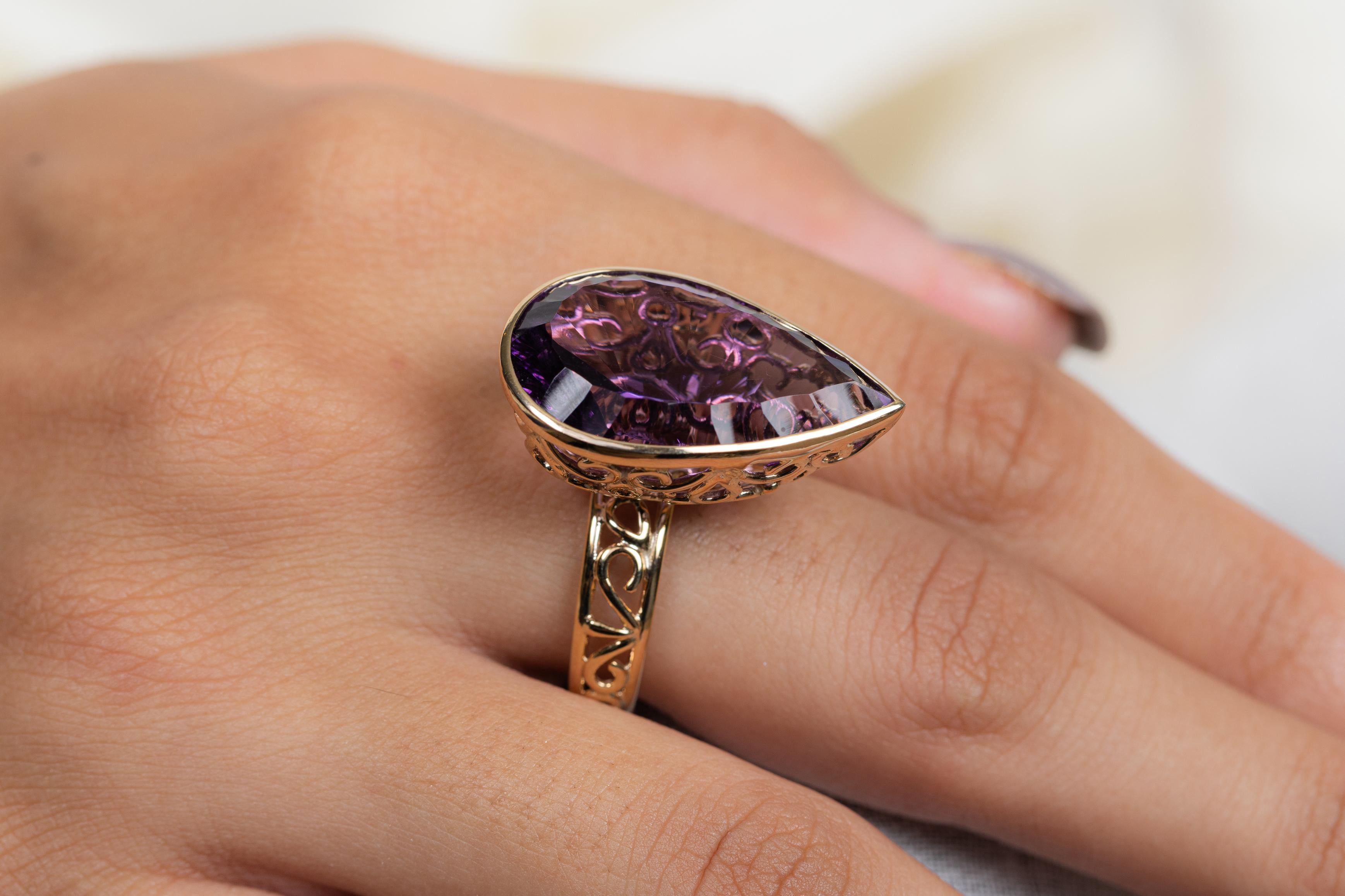For Sale:  18.2 Carat Pear Cut Amethyst Cocktail Ring in 14K Yellow Gold 8