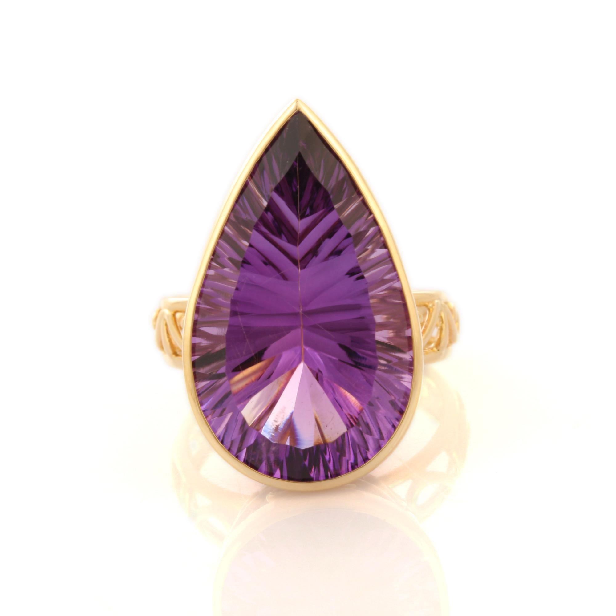 For Sale:  18.2 Carat Pear Cut Amethyst Cocktail Ring in 14K Yellow Gold