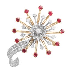 Vintage 1.82 Carat Ruby and 2.10 Carat Diamond and Yellow and White Gold Brooch