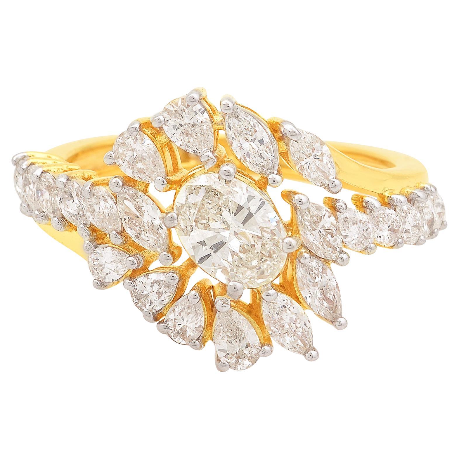 Bague cocktail en or jaune 18 carats SI/HI avec diamants ovales et marquises poires de 1,82 carat