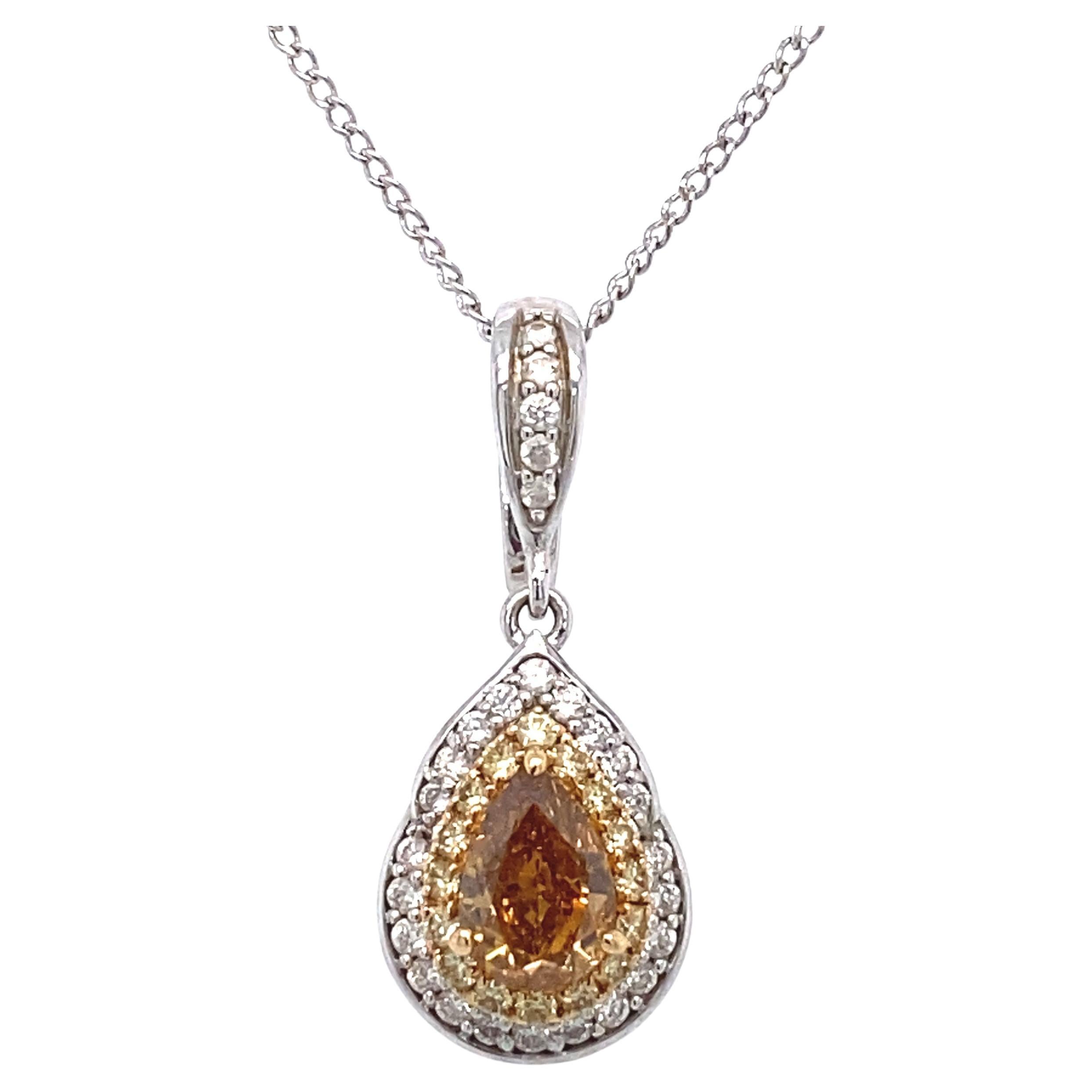 1.82 Carat Total Fancy Brown, Yellow and White Diamond Pendant in 18K White Gold For Sale