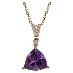 1.82 Carat Trillion-Cut Amethyst with Diamond Accents 14K Yellow Gold Pendant