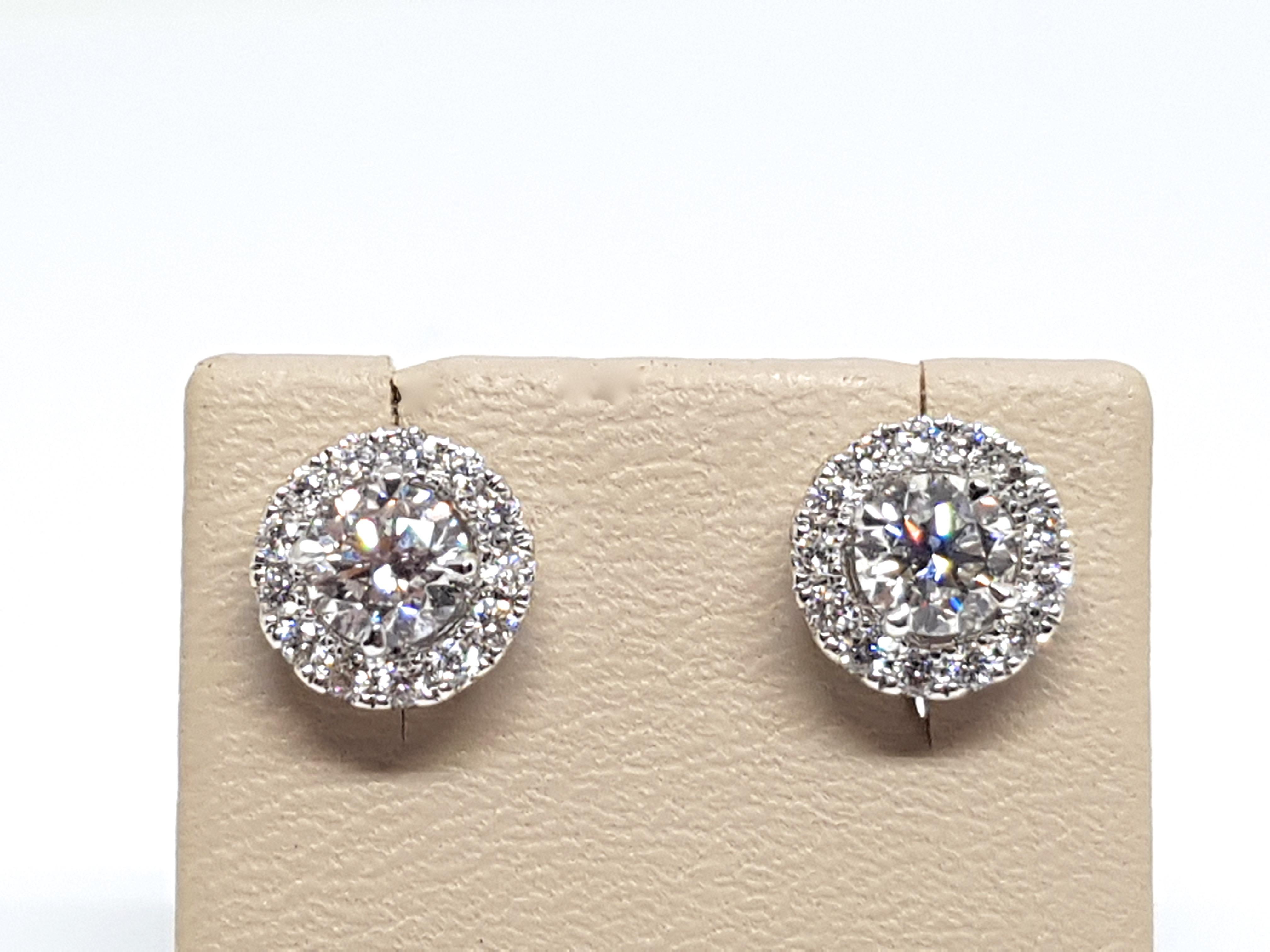 1.82 Carat White Gold Diamond Halo Stud Earrings For Sale 4