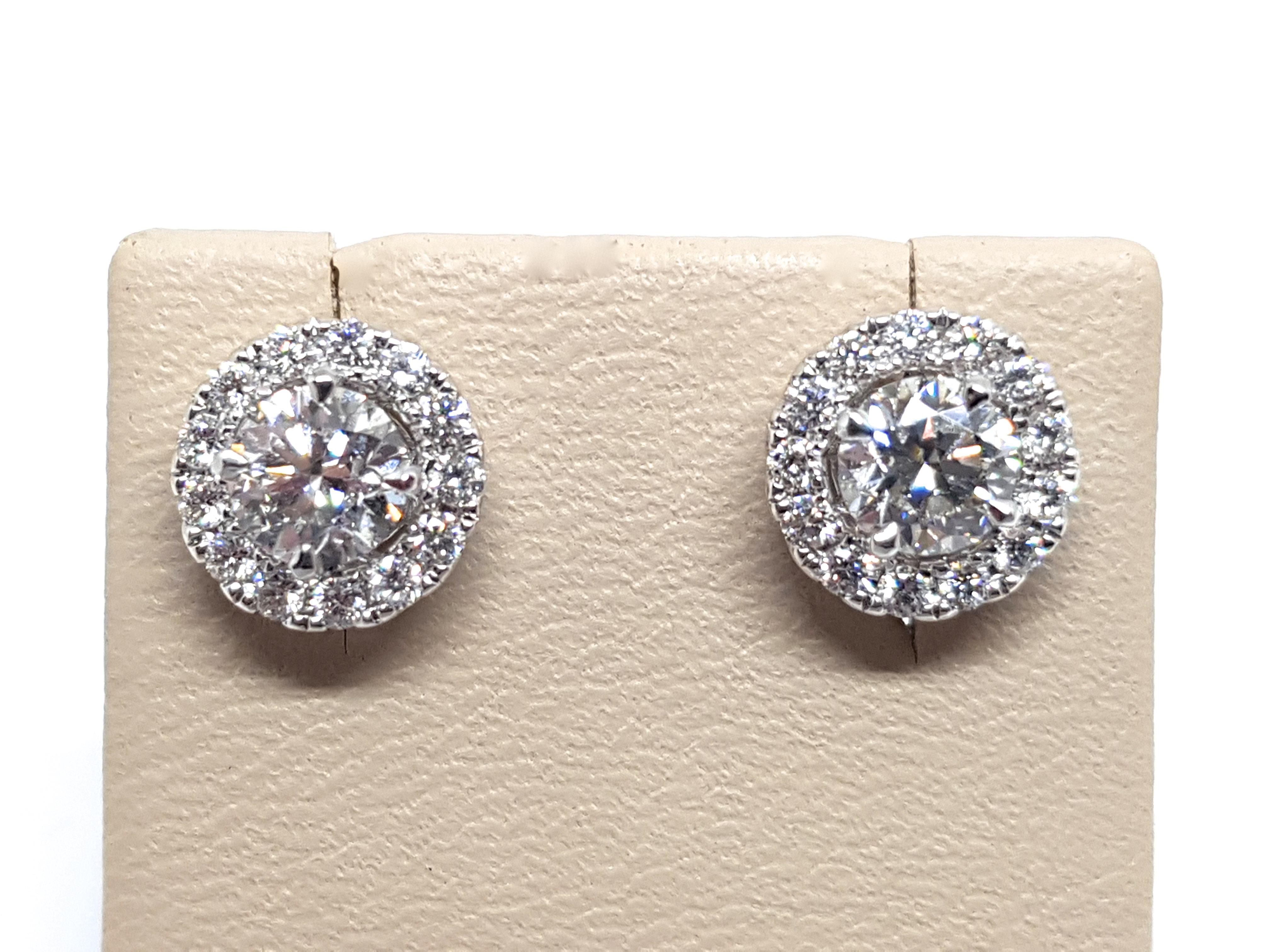 1.82 Carat White Gold Diamond Halo Stud Earrings For Sale 5