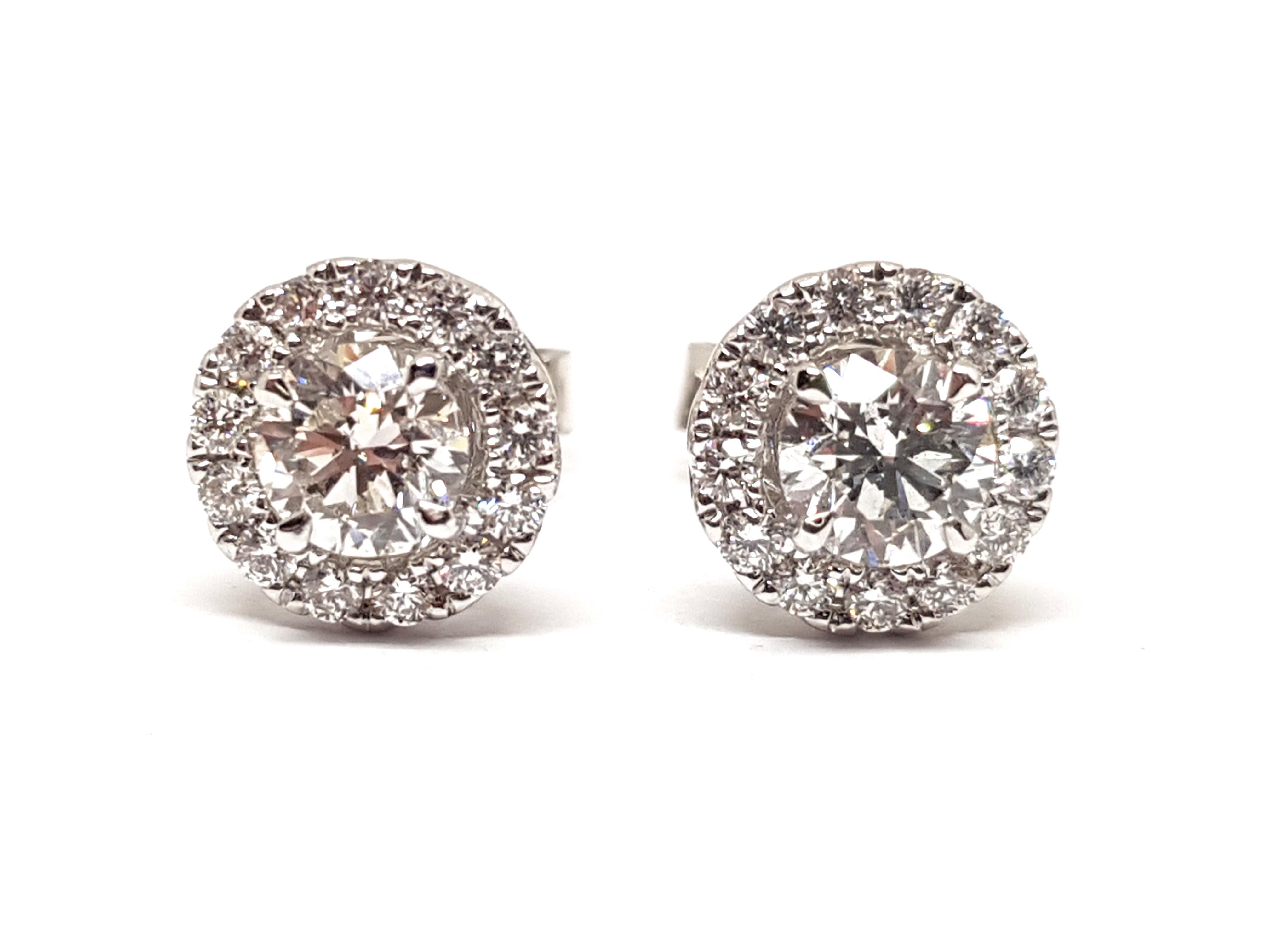 Round Cut 1.82 Carat White Gold Diamond Halo Stud Earrings For Sale