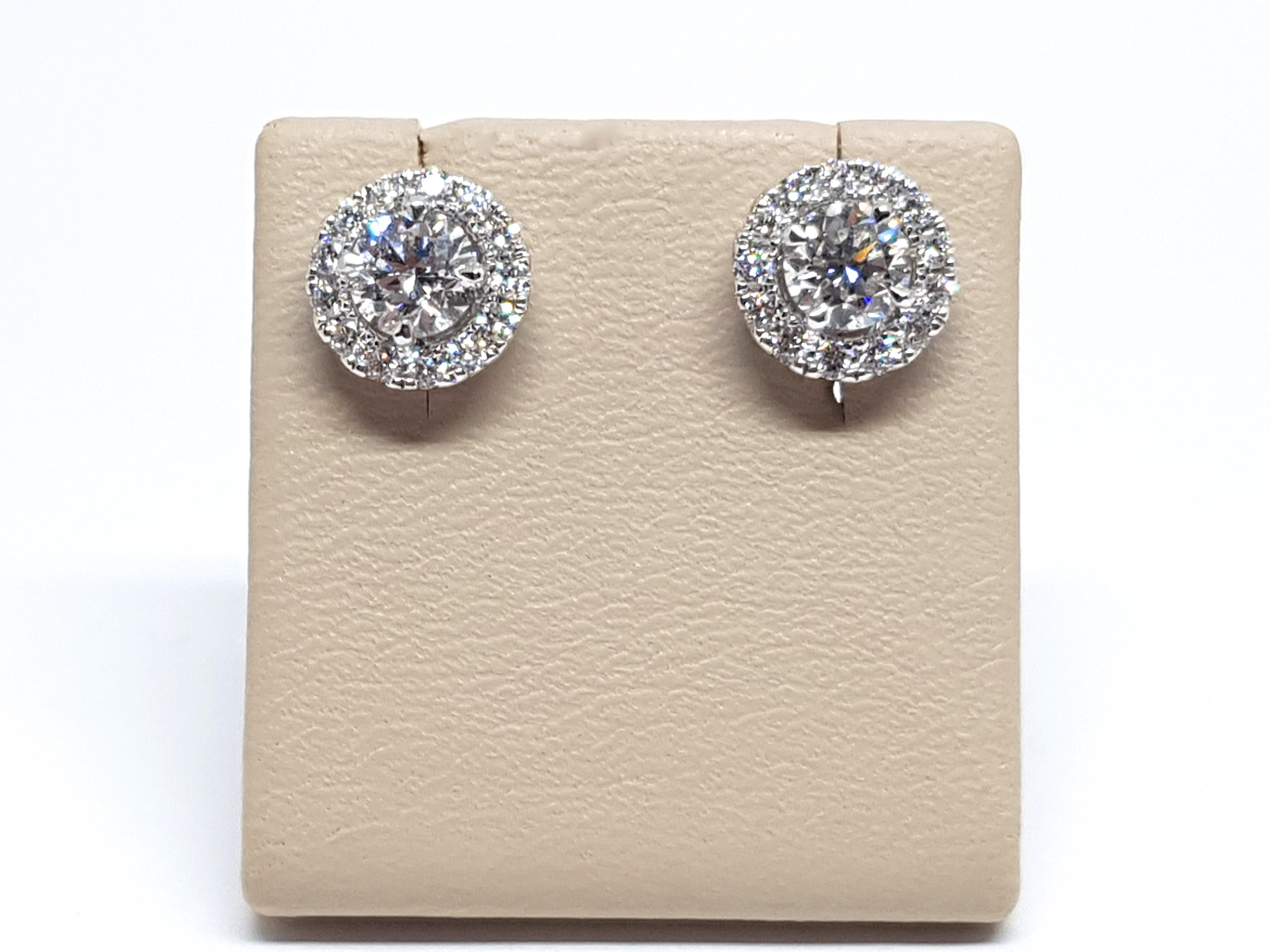 1.82 Carat White Gold Diamond Halo Stud Earrings For Sale 2