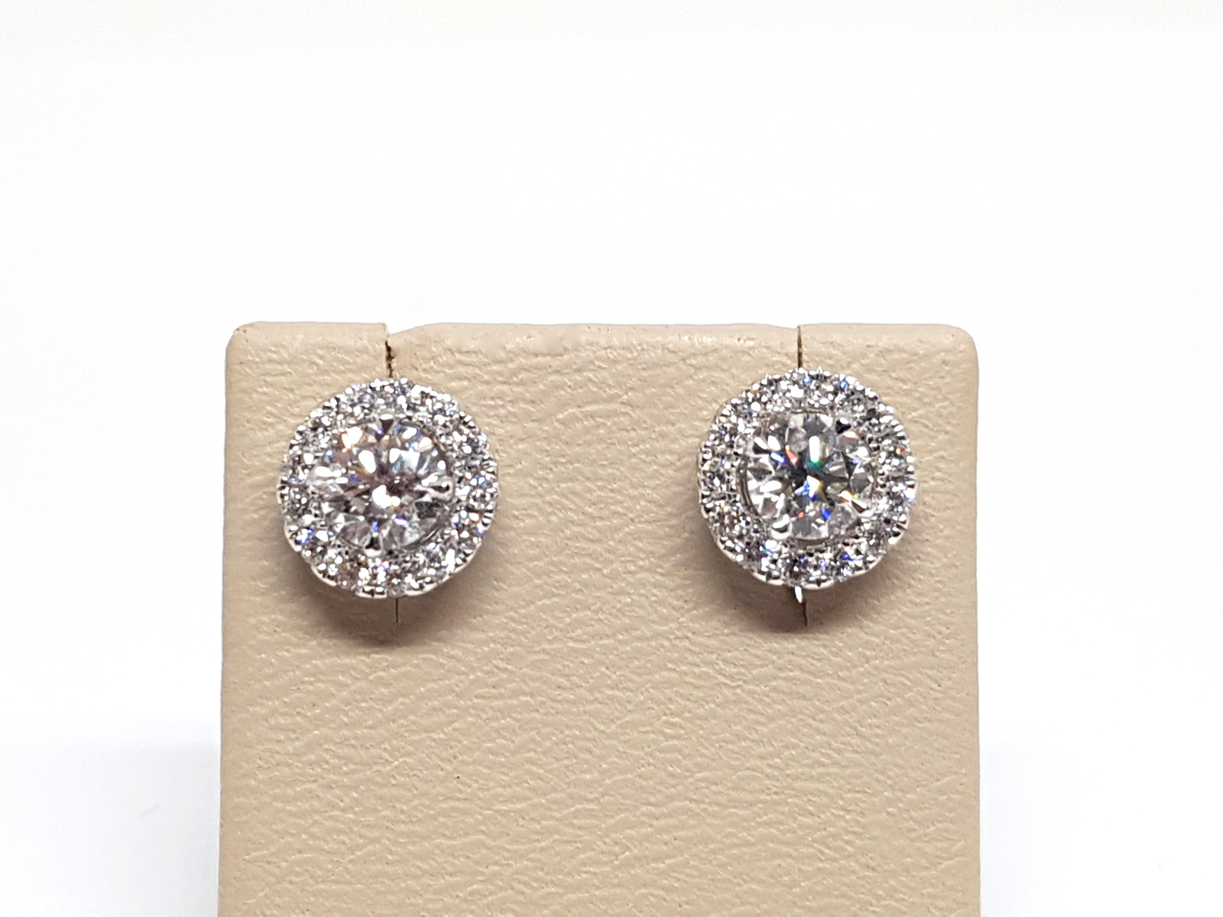 1.82 Carat White Gold Diamond Halo Stud Earrings For Sale 3