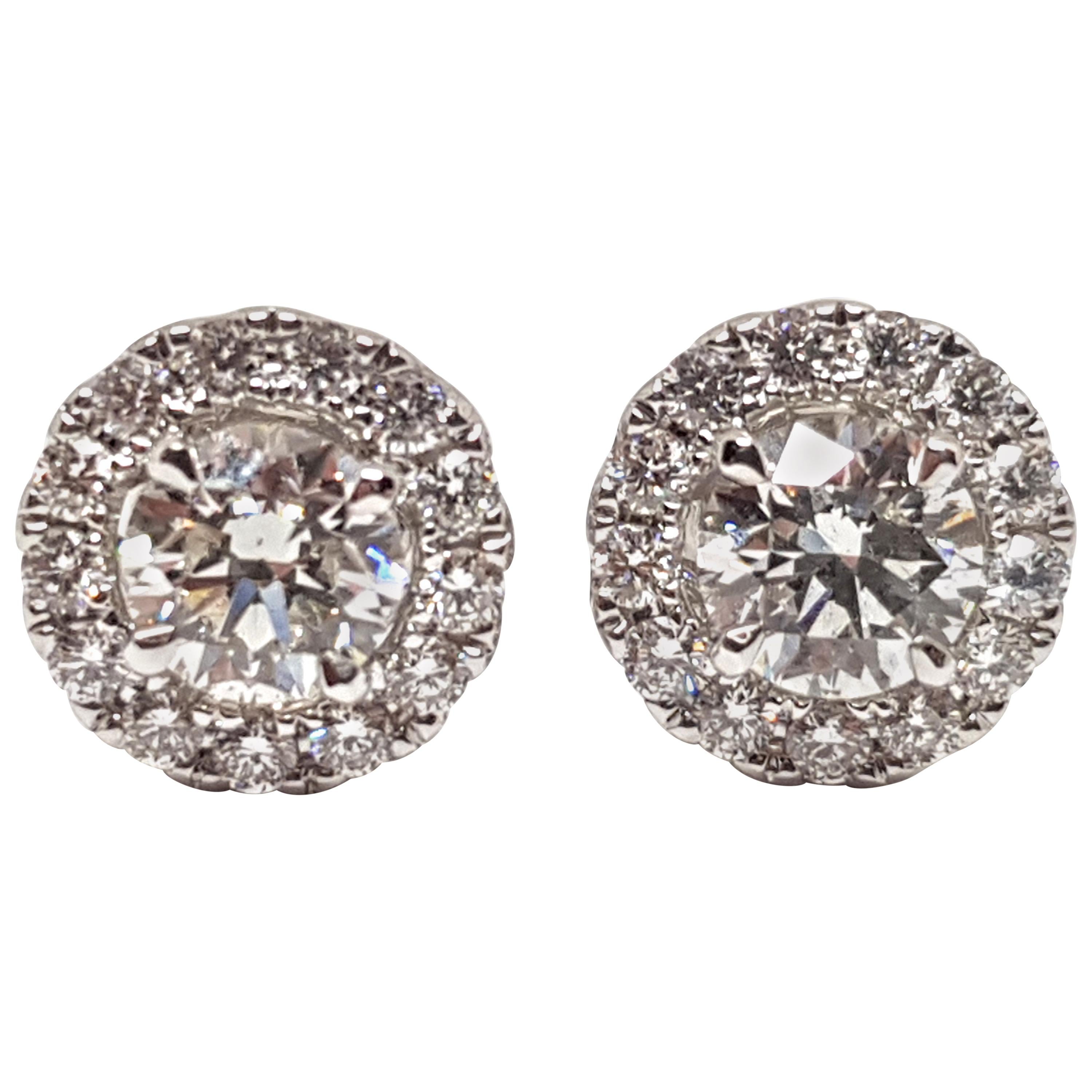 1.82 Carat White Gold Diamond Halo Stud Earrings For Sale