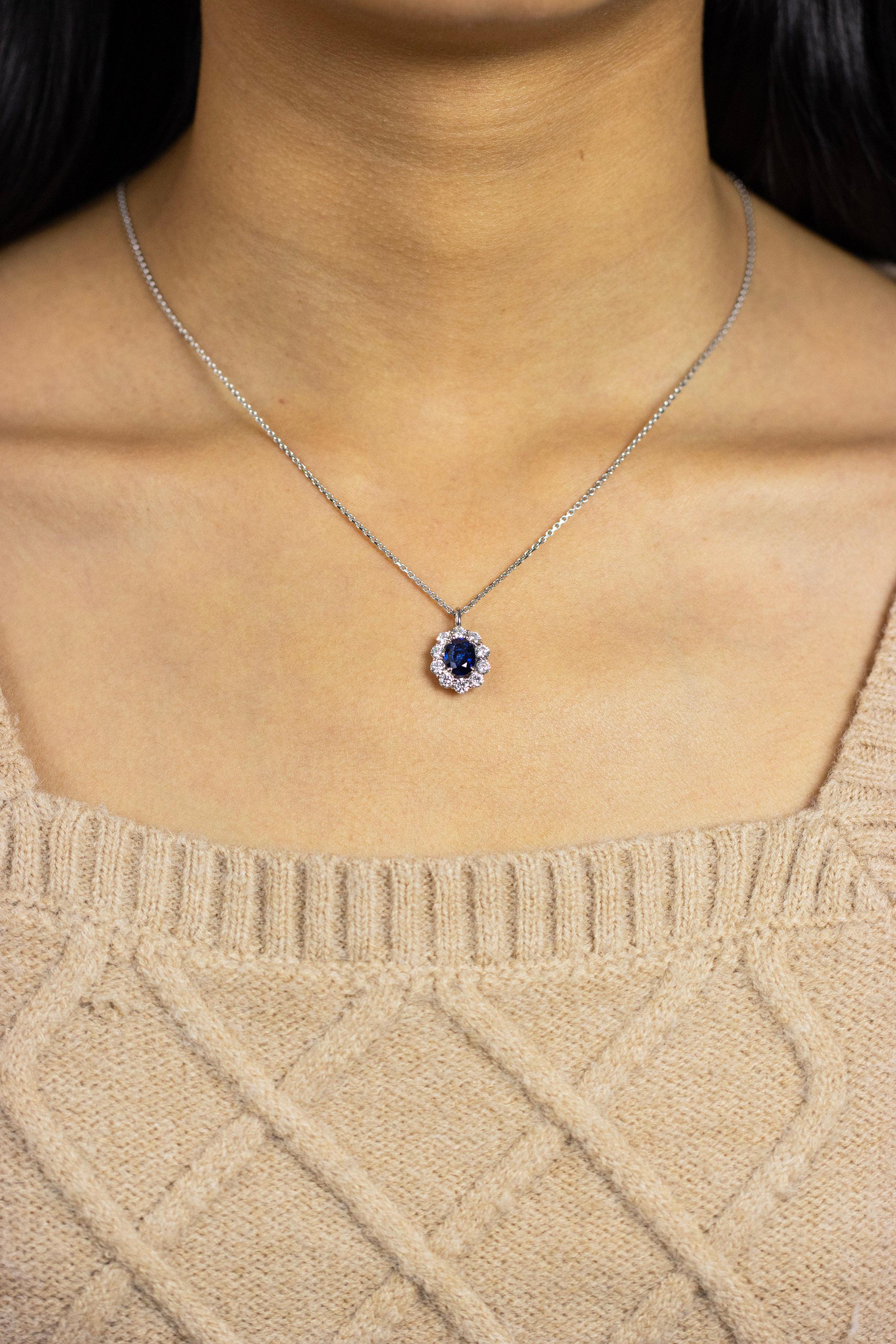 Contemporary Roman Malakov 1.82 Carat Oval Blue Sapphire with Diamond Halo Pendant Necklace For Sale