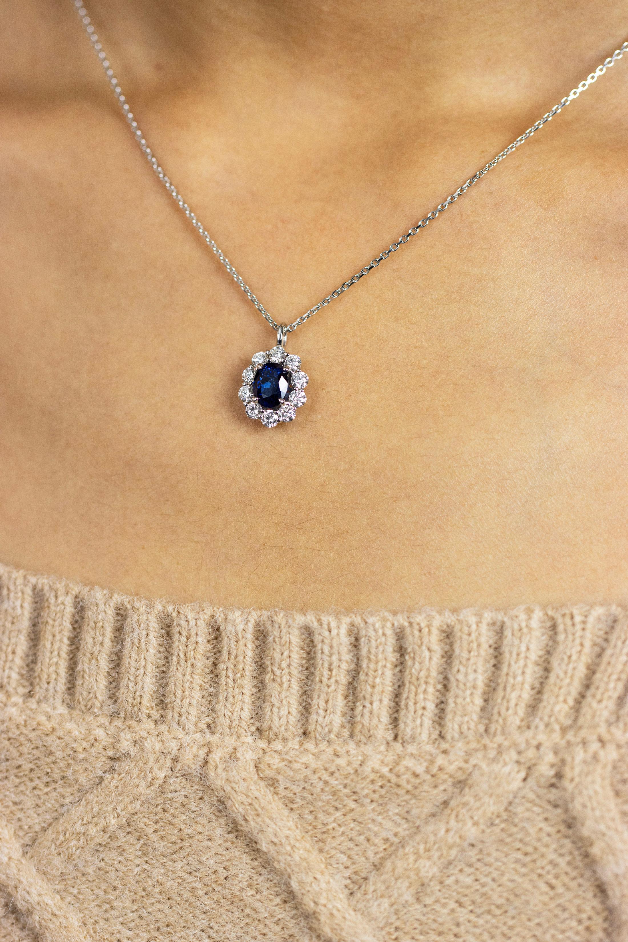 Oval Cut Roman Malakov 1.82 Carat Oval Blue Sapphire with Diamond Halo Pendant Necklace For Sale