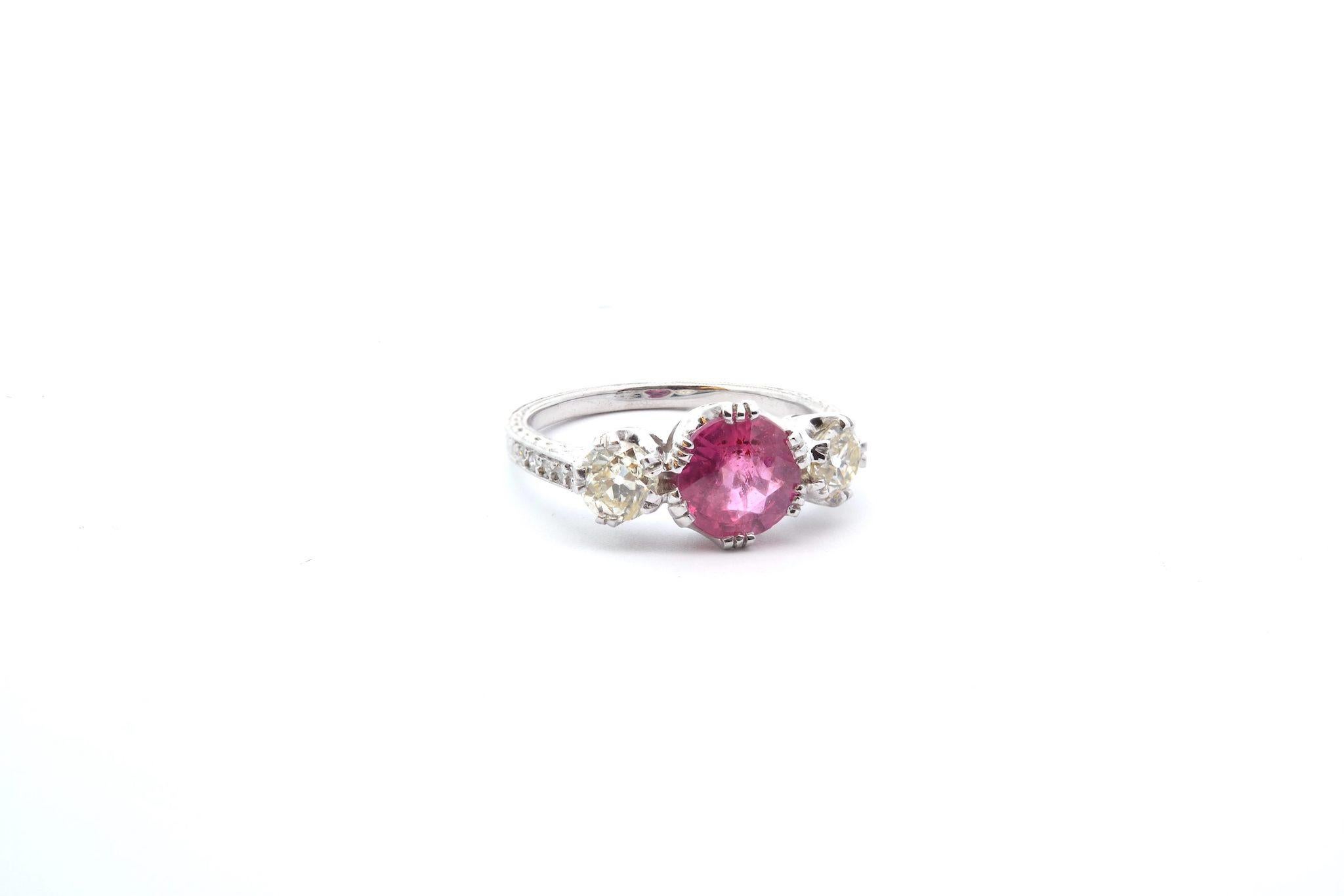 Stones: Pink sapphire of 1.82 cts, 2 diamonds: 0.70ct
Material: Platinum
Weight: 4g
Period: Recent, 1900 style (handmade)
Size: 53 (free sizing)
Certificate
Ref. : 24833-25204