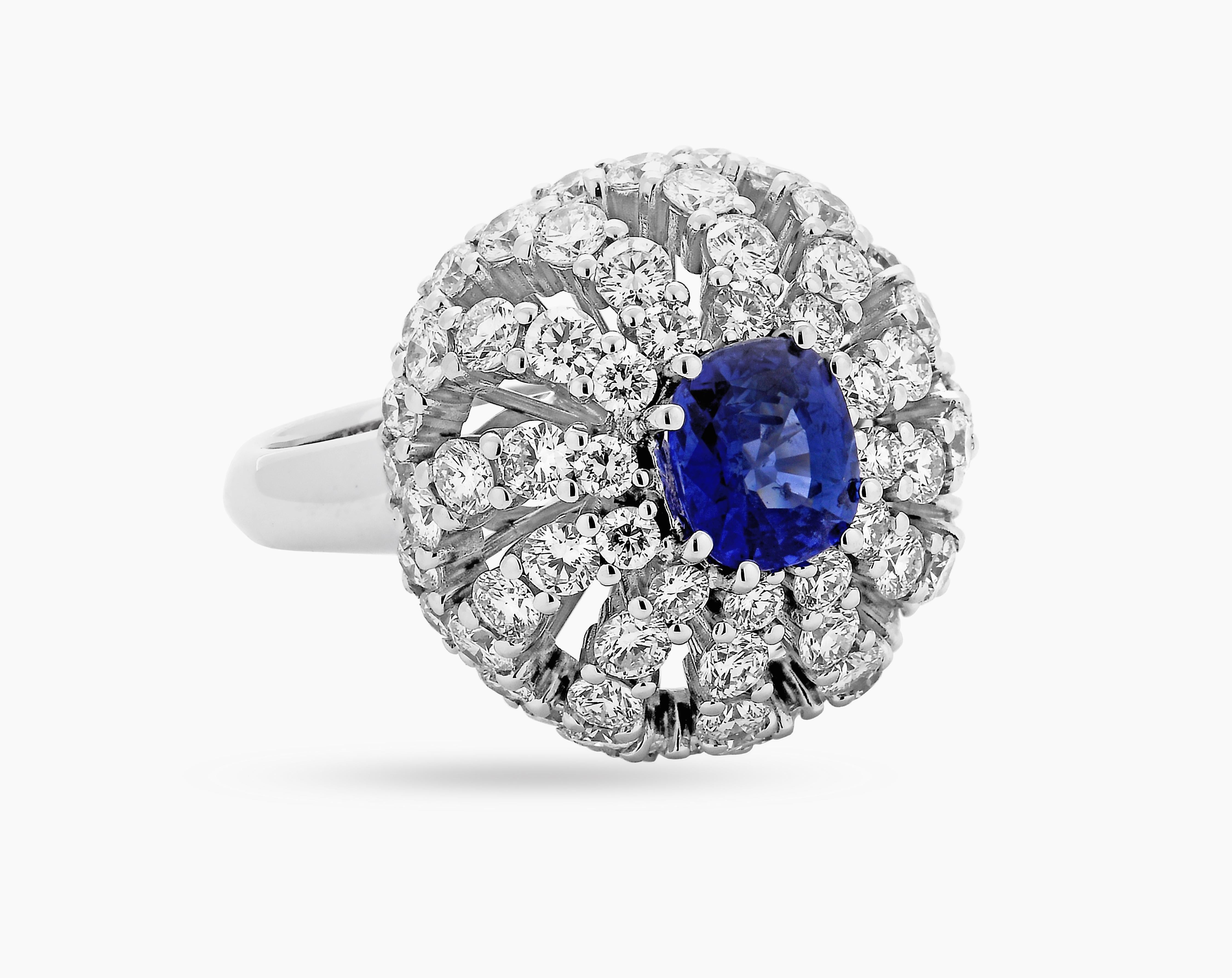 Contemporary 1.82 ct Natural Royal Blue Sapphire Ring with Diamonds 18k White Gold For Sale