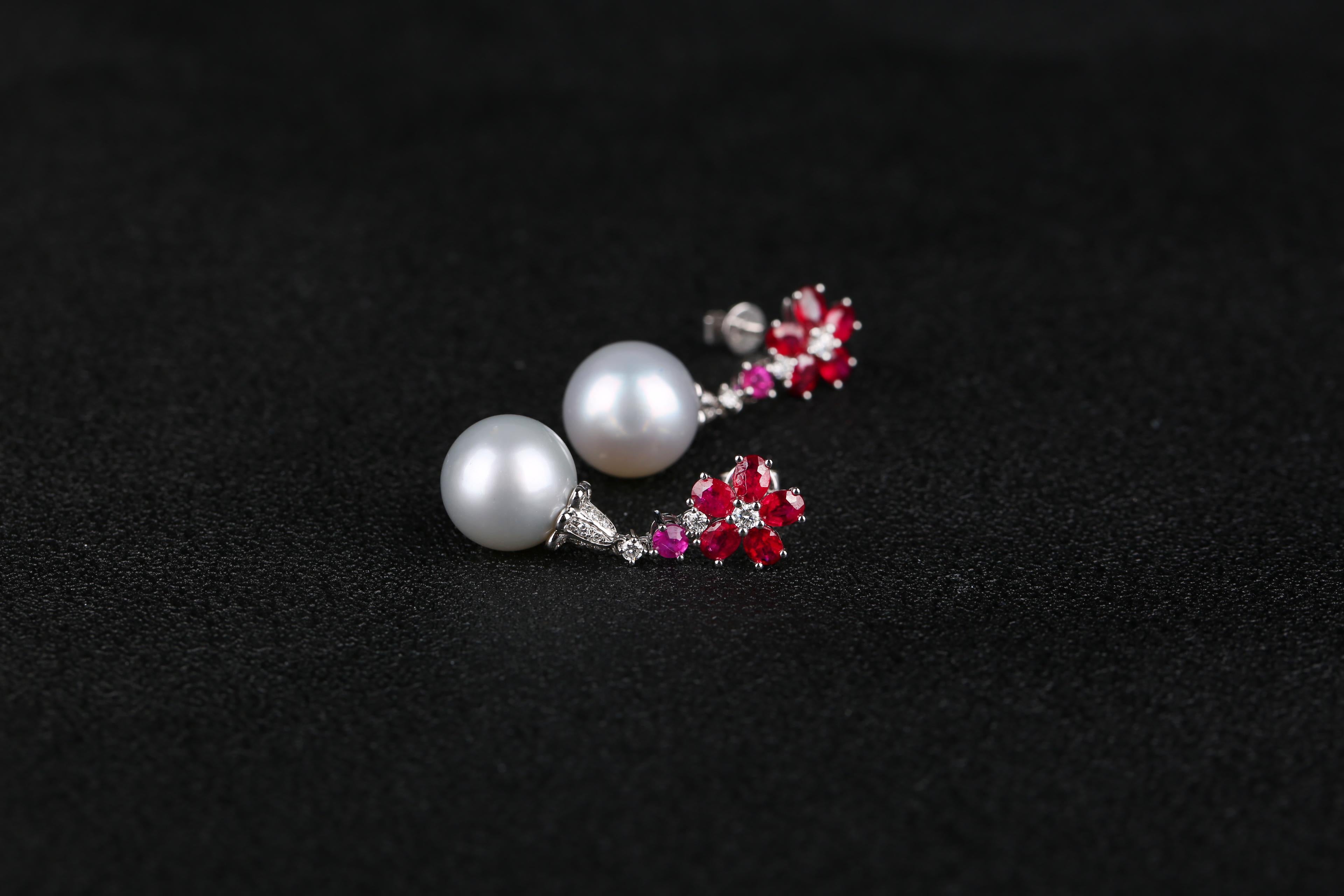 Brilliant Cut Eostre Ruby, White South Sea Pearl and Diamond Earring in 18K White Gold For Sale