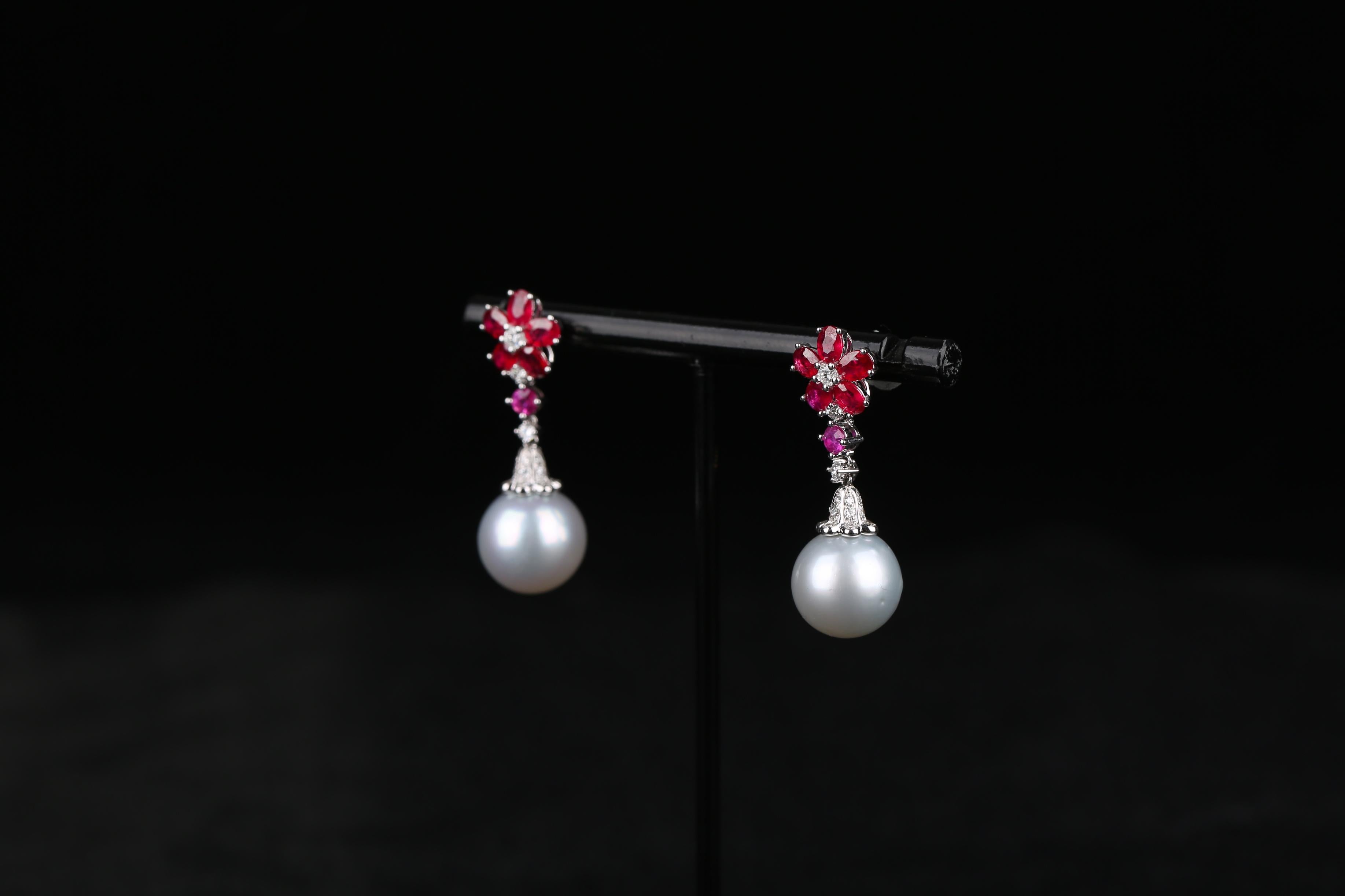 Eostre Ruby, White South Sea Pearl and Diamond Earring in 18K White Gold In New Condition For Sale In Melbourne, AU