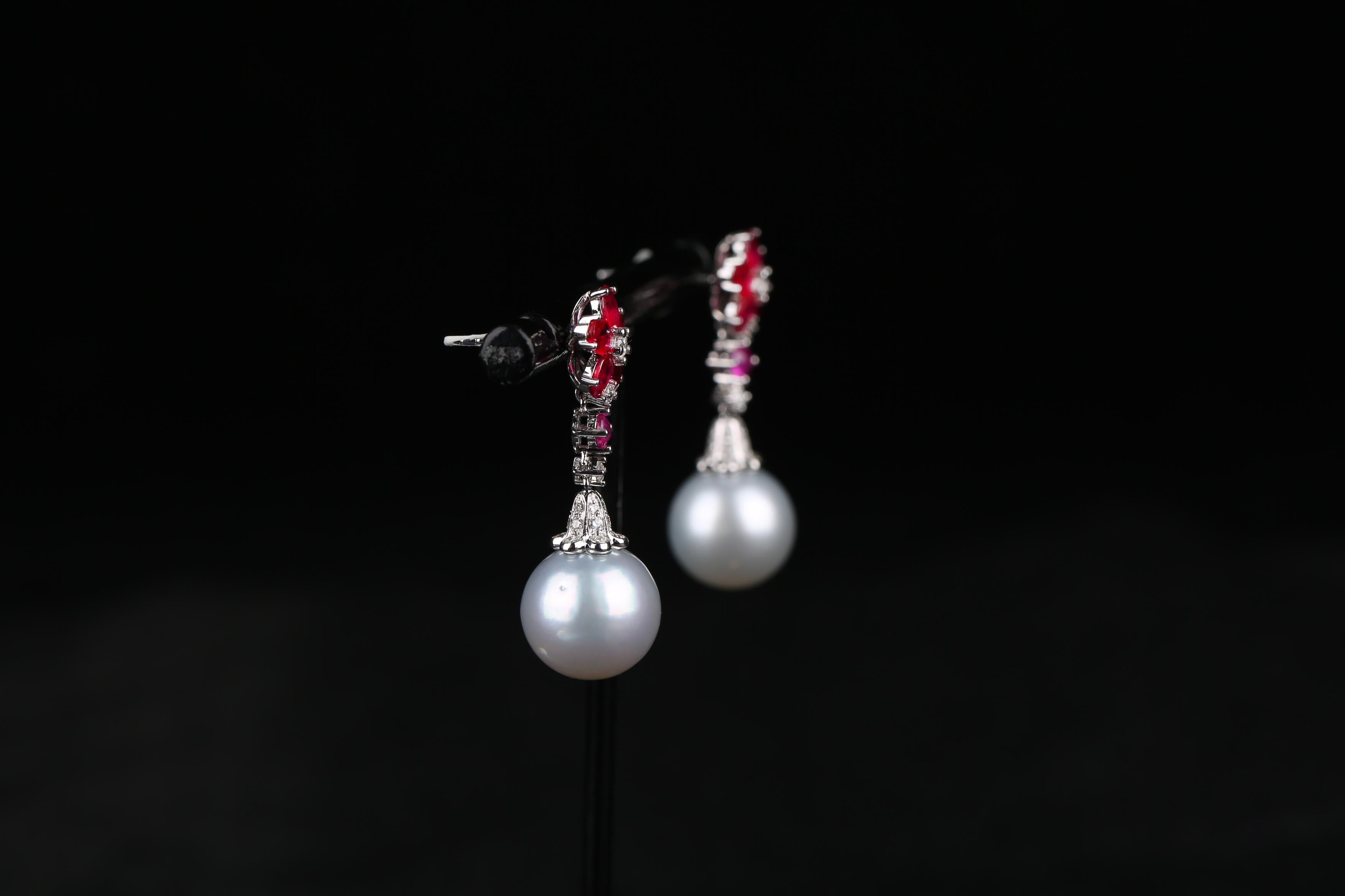 Women's Eostre Ruby, White South Sea Pearl and Diamond Earring in 18K White Gold For Sale