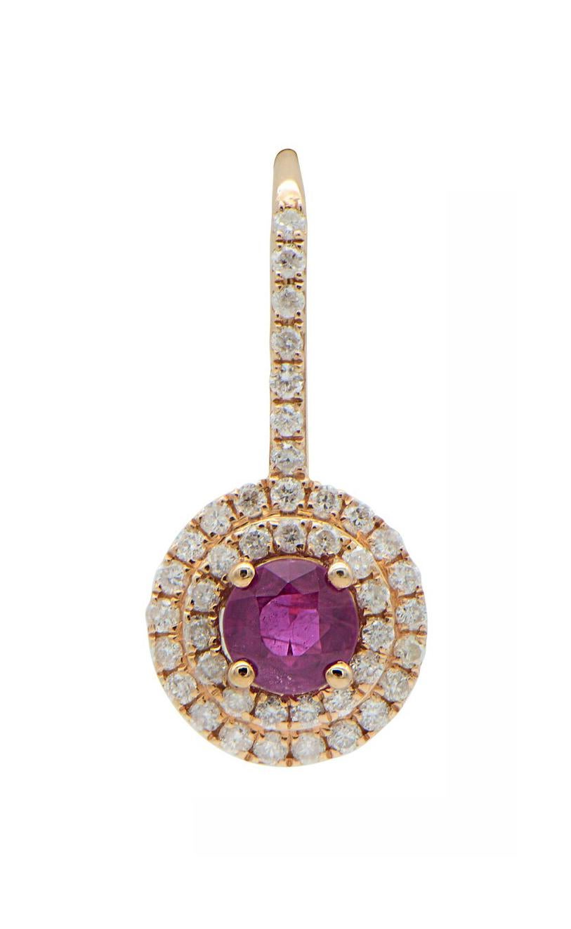 Round Cut 1.82 Total Carat Ruby and Diamond Double Halo Drop Earrings For Sale