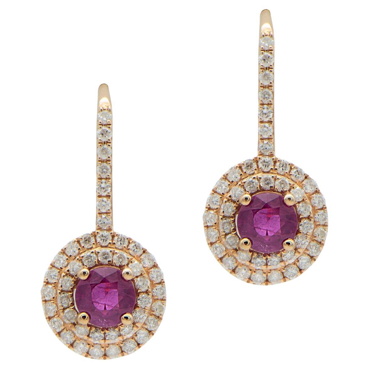 1.82 Total Carat Ruby and Diamond Double Halo Drop Earrings For Sale