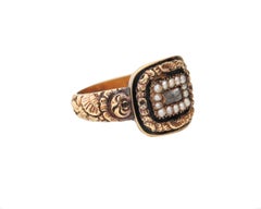 1820 18K Victorian Mourning Ring Hand Carved Engraved Floral Design Pearl Halo