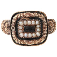 1820 18K Victorian Mourning Ring Hand Carved Engraved Floral Design Pearl Halo