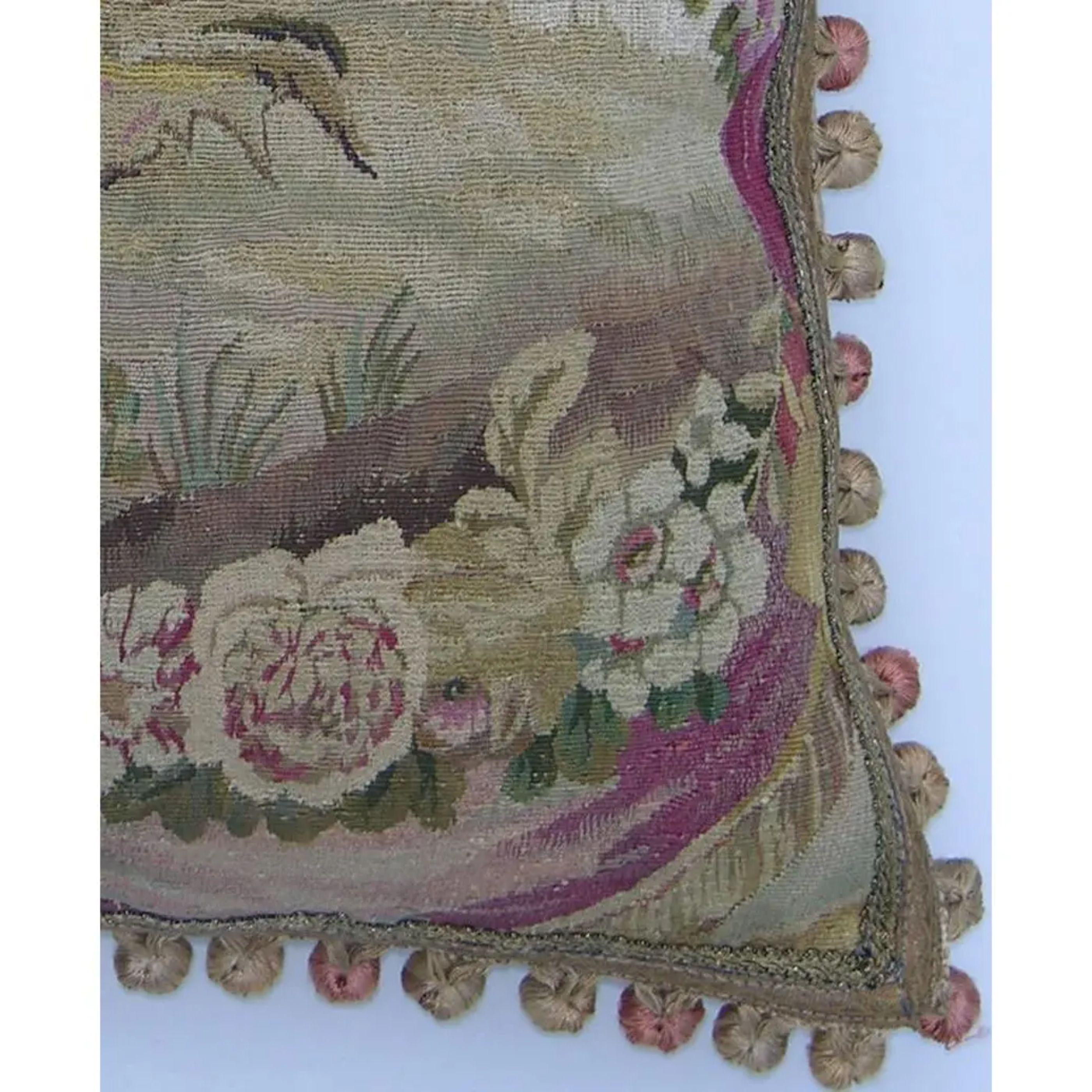 Ca.1820 antique French tapestry pillow 23'' x 22''. Handmade and features needlework.
