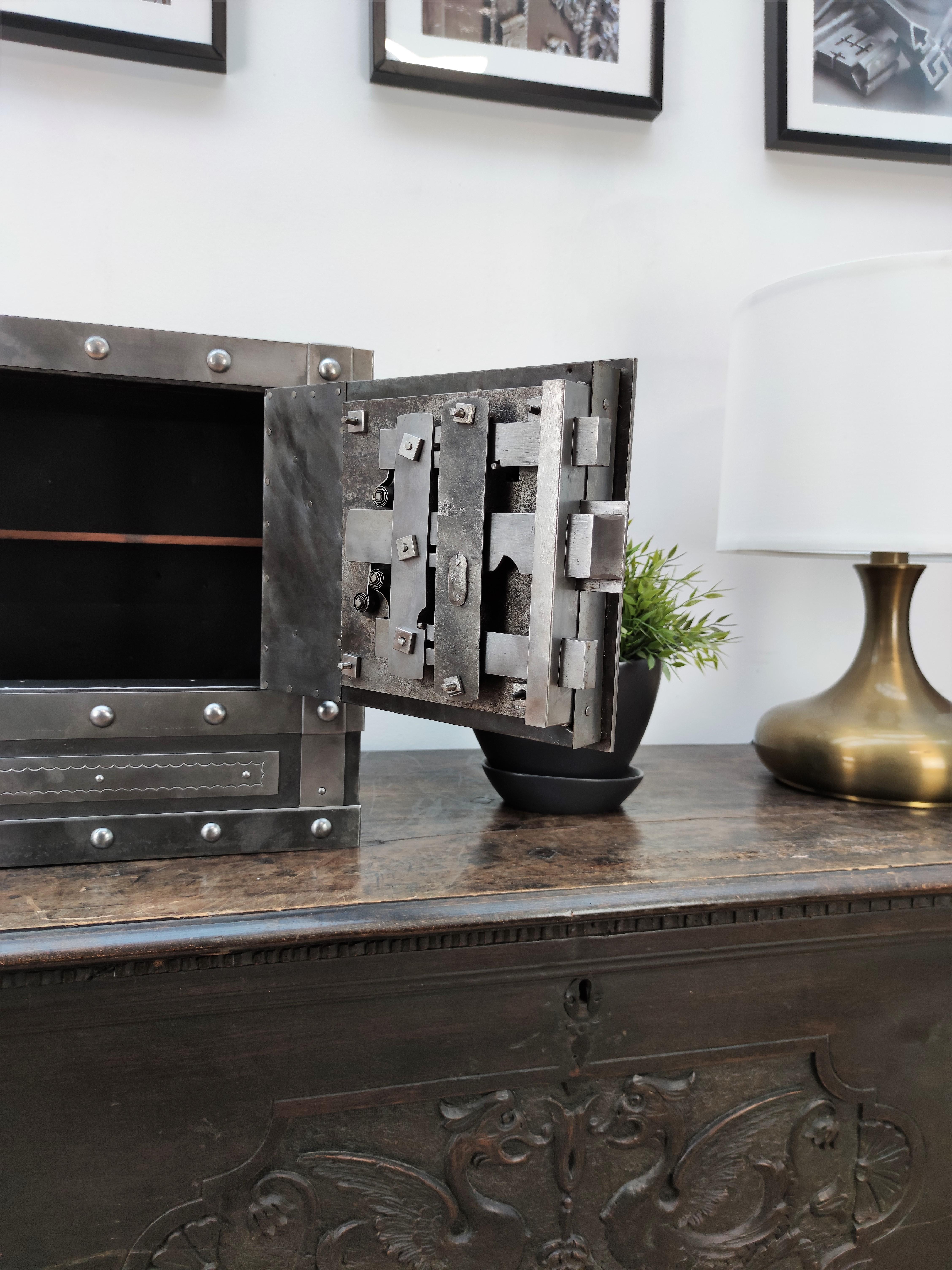 Industrial 1820 Antique Italian Wrought Iron Studded Antique Safe Strongbox Dry Bar Cabinet