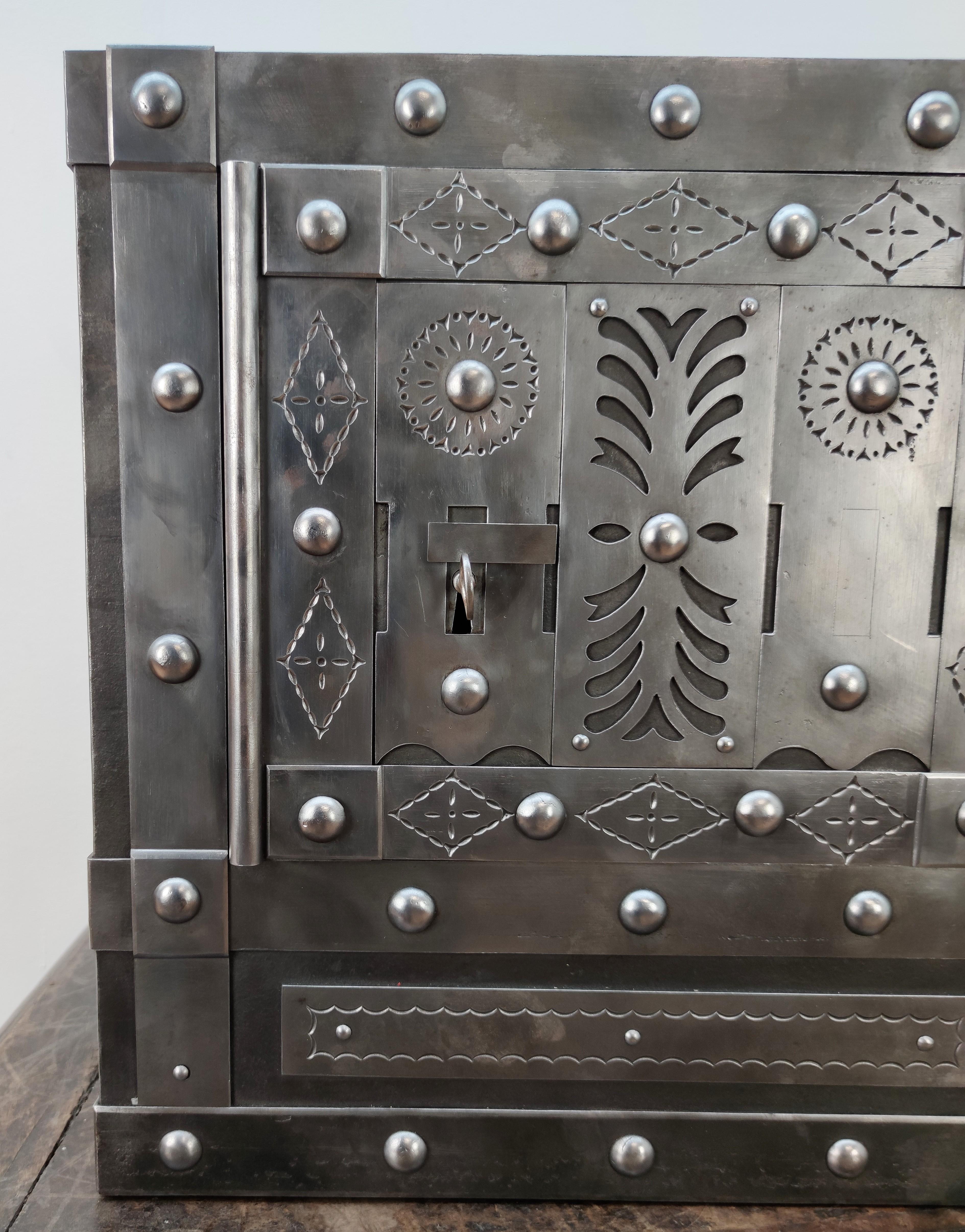 1820 Antique Italian Wrought Iron Studded Antique Safe Strongbox Dry Bar Cabinet 1