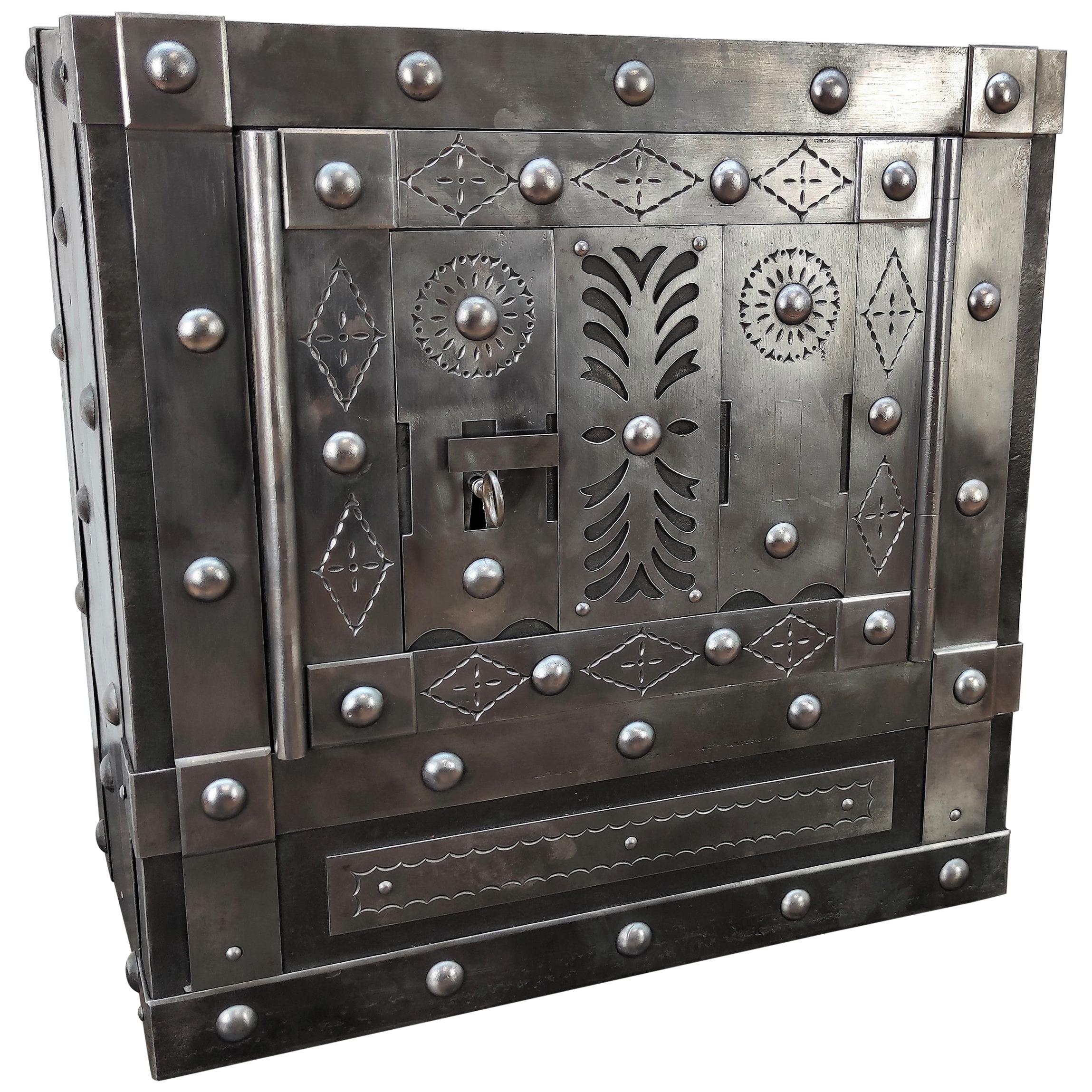 1820 Antique Italian Wrought Iron Studded Antique Safe Strongbox Dry Bar Cabinet