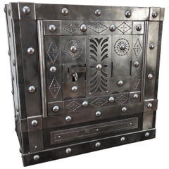 1820 Antique Italian Wrought Iron Studded Antique Safe Strongbox Dry Bar Cabinet