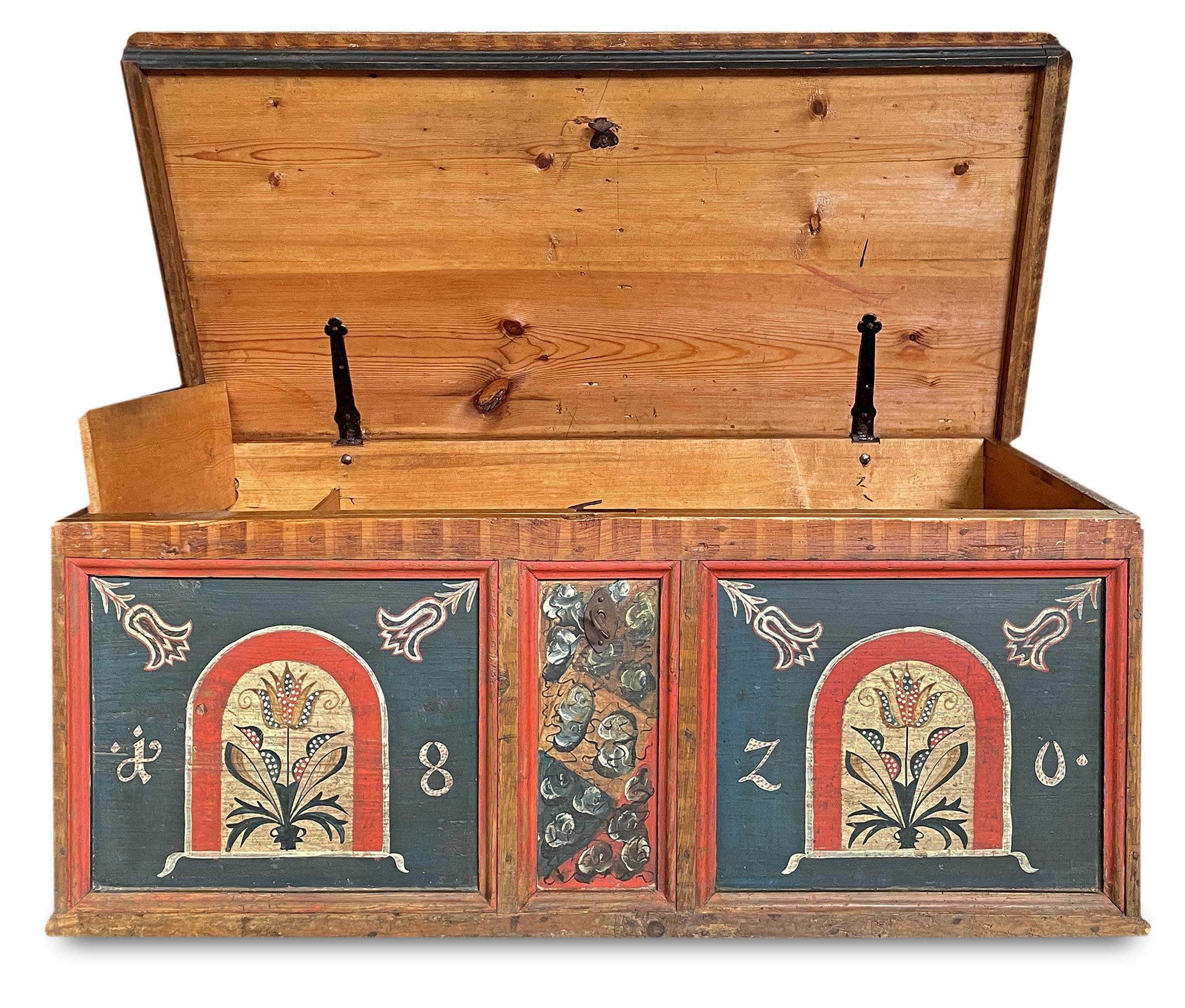 Hand-Painted 1820 Blue Floral Panted Blanket Chest