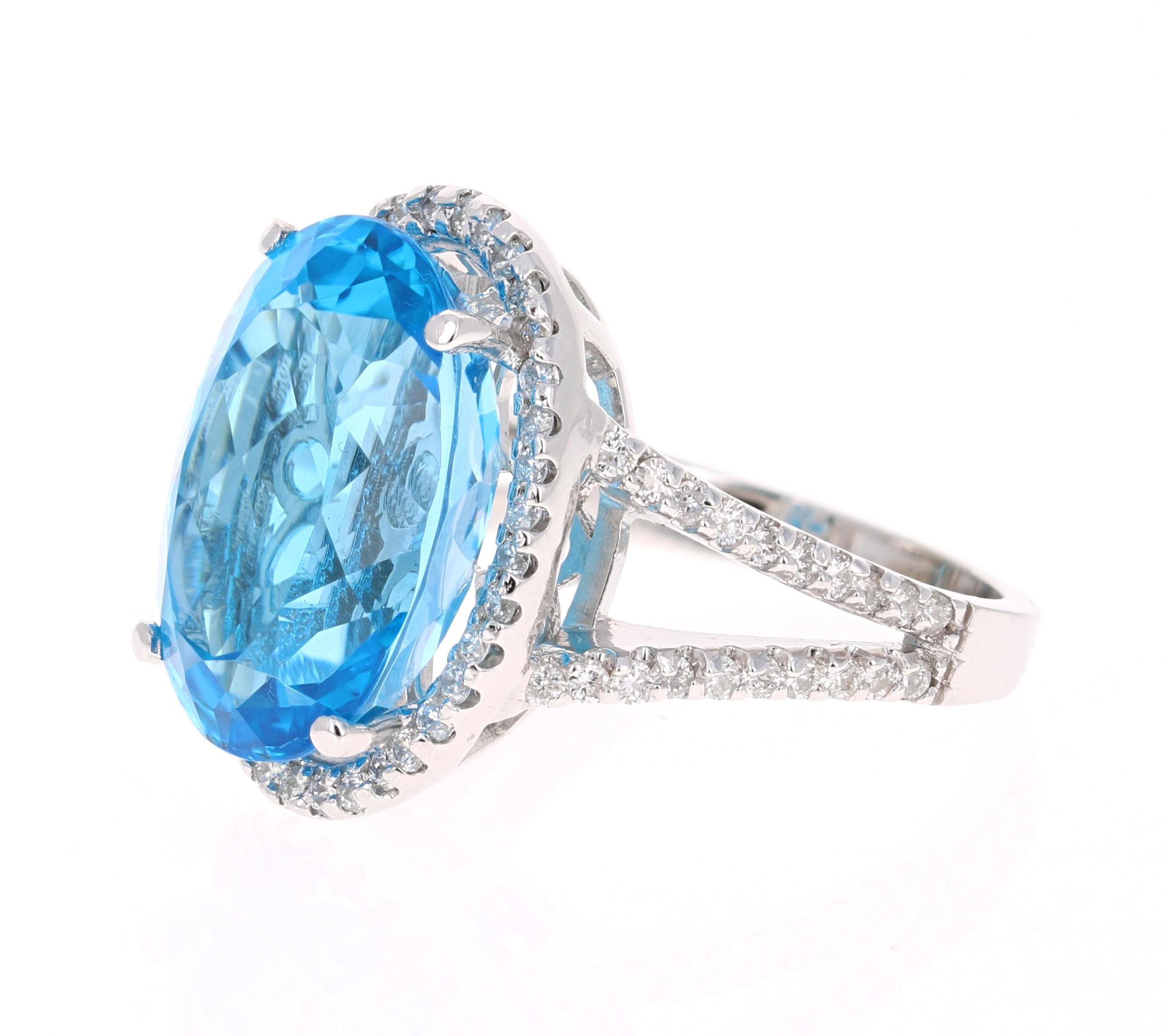 Modern 18.20 Carat Blue Topaz Diamond 14 Karat White Gold Cocktail Ring For Sale