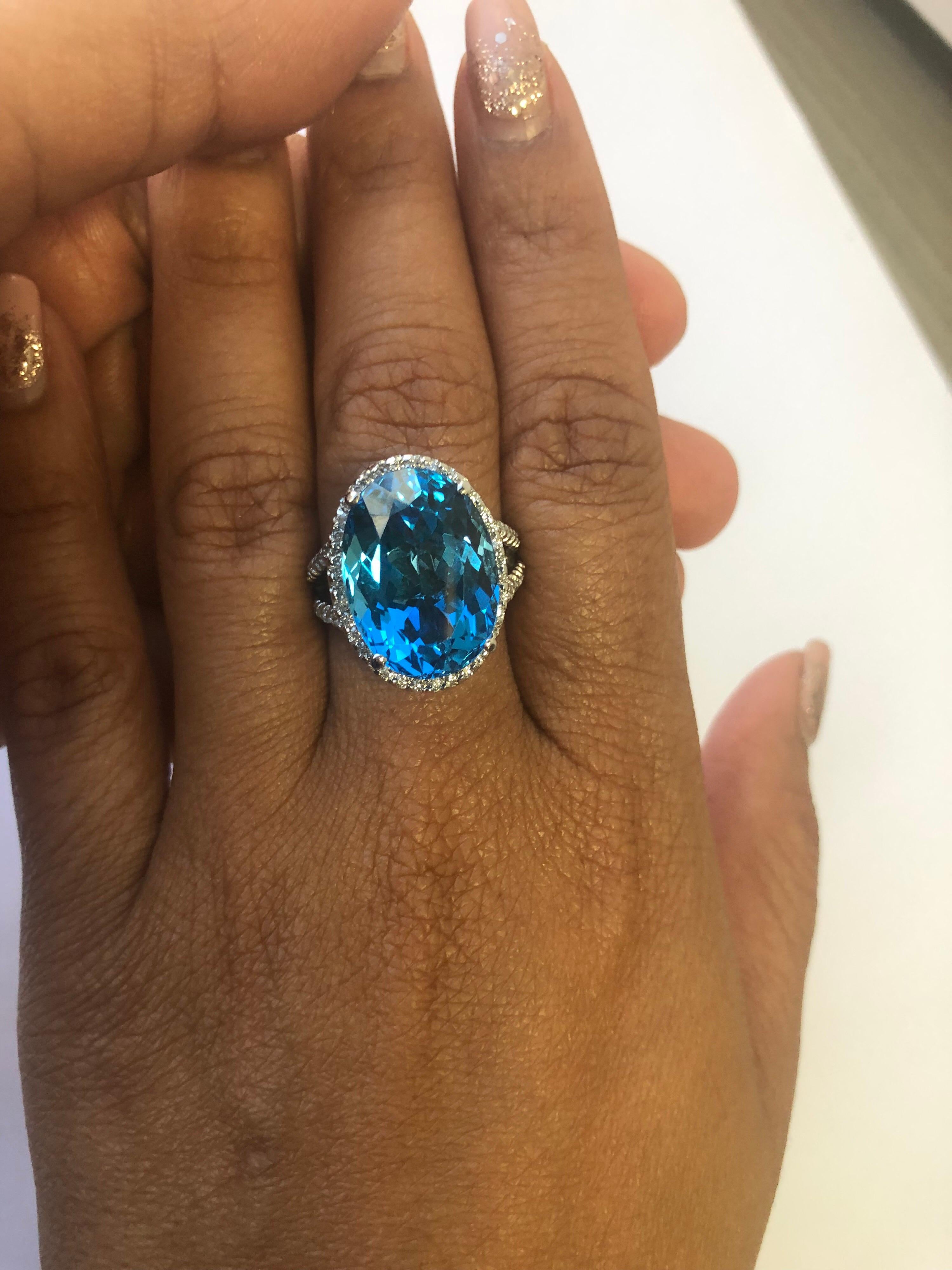 18.20 Carat Blue Topaz Diamond 14 Karat White Gold Cocktail Ring In New Condition For Sale In Los Angeles, CA