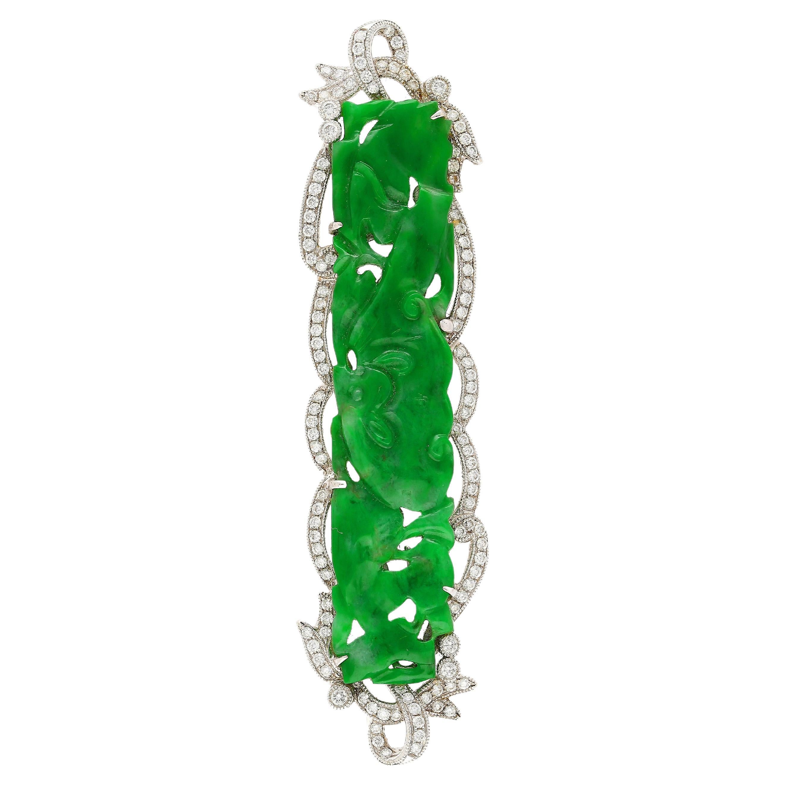 18.20 Carat Carved Dragon Green Jadeite Jade Grade "A" & Diamonds Pendant/Pin  For Sale