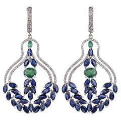 18.20 Carat Emerald, Blue Sapphire and Diamond .925 Sterling Silver Earrings