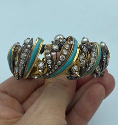 1820 European 18k gold, turquoise, old mine cut diamond & natural pearl bracelet