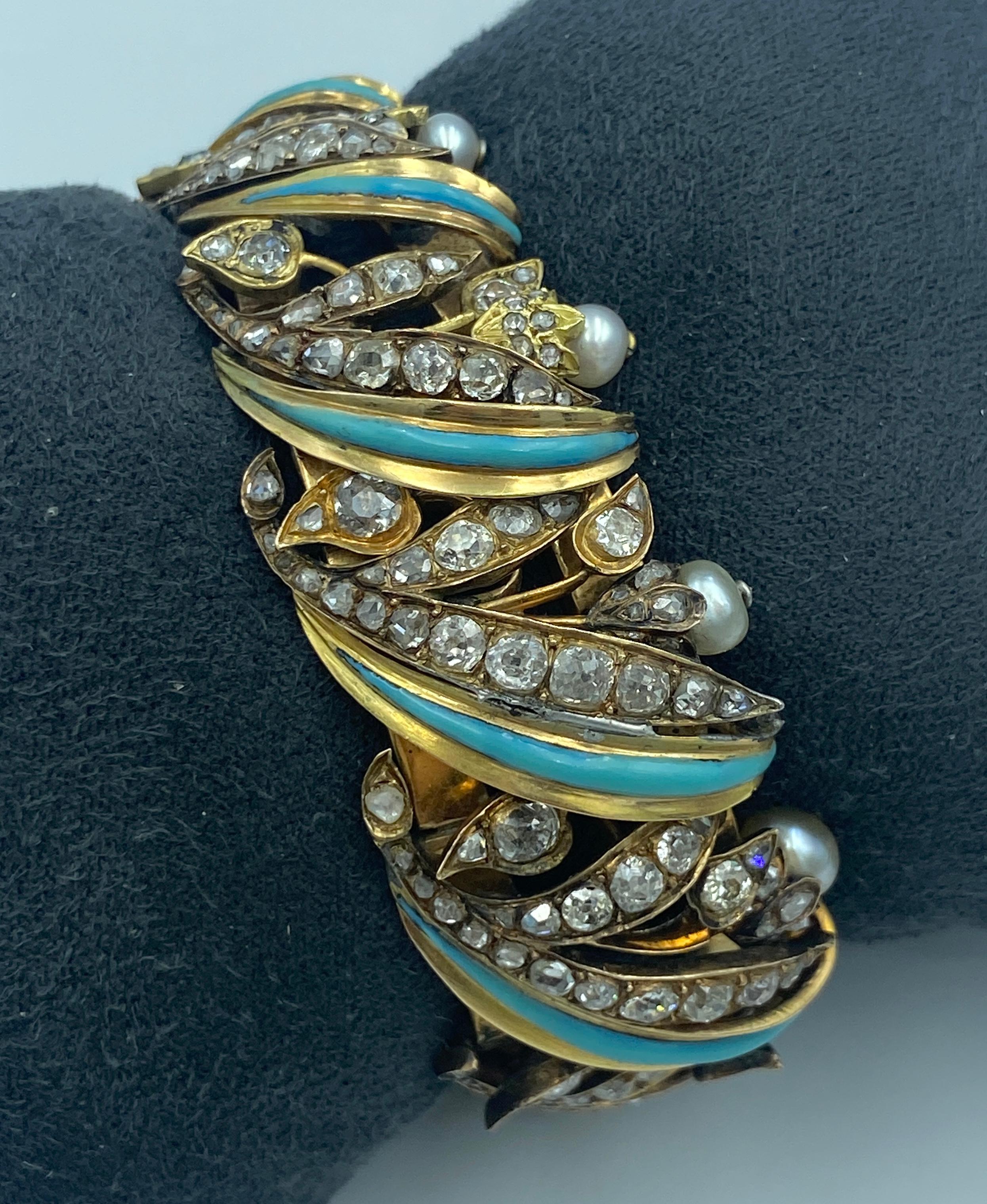 Neoclassical 1820 European 18k gold, turquoise, old mine cut diamond & natural pearl bracelet For Sale